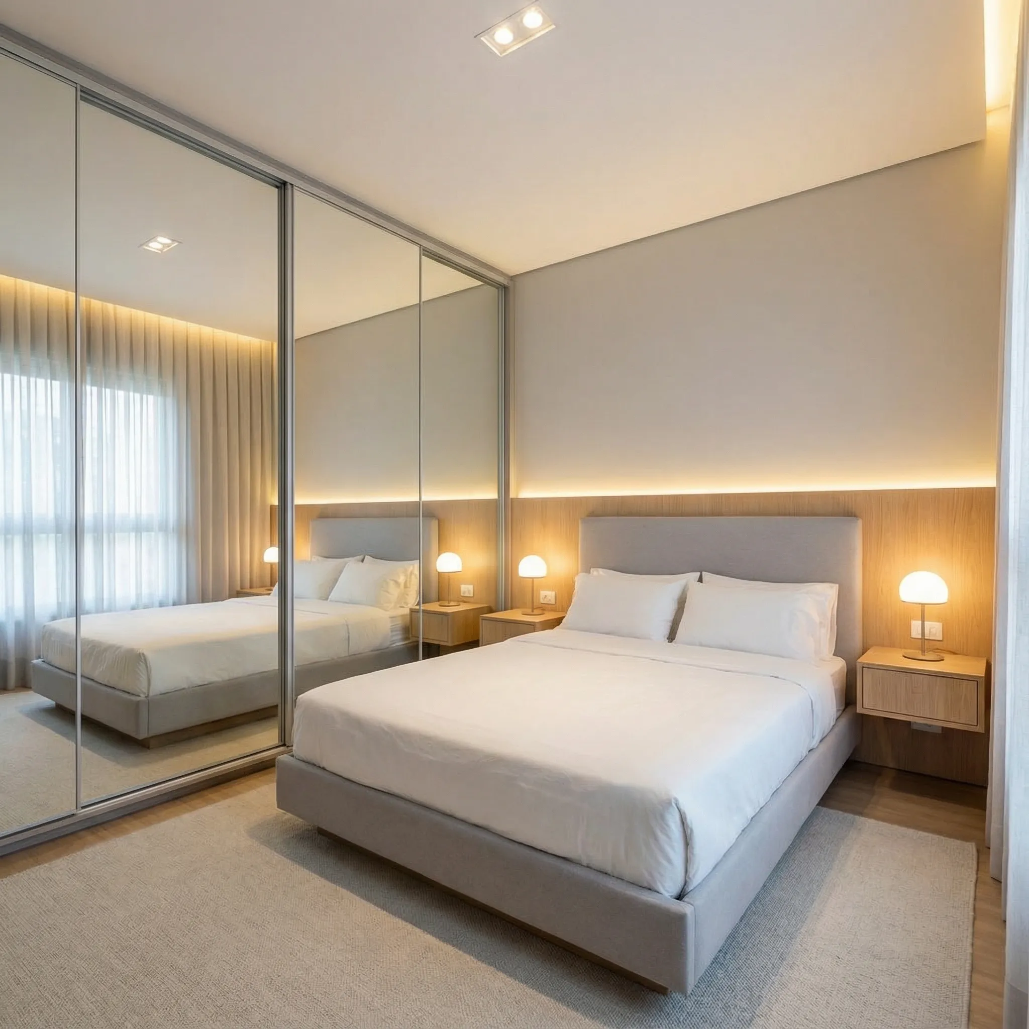 Moderna spavaća soba sa kliznim ormarima sa ogledalom i tapaciranim uzglavljem sa LED osvetljenjem