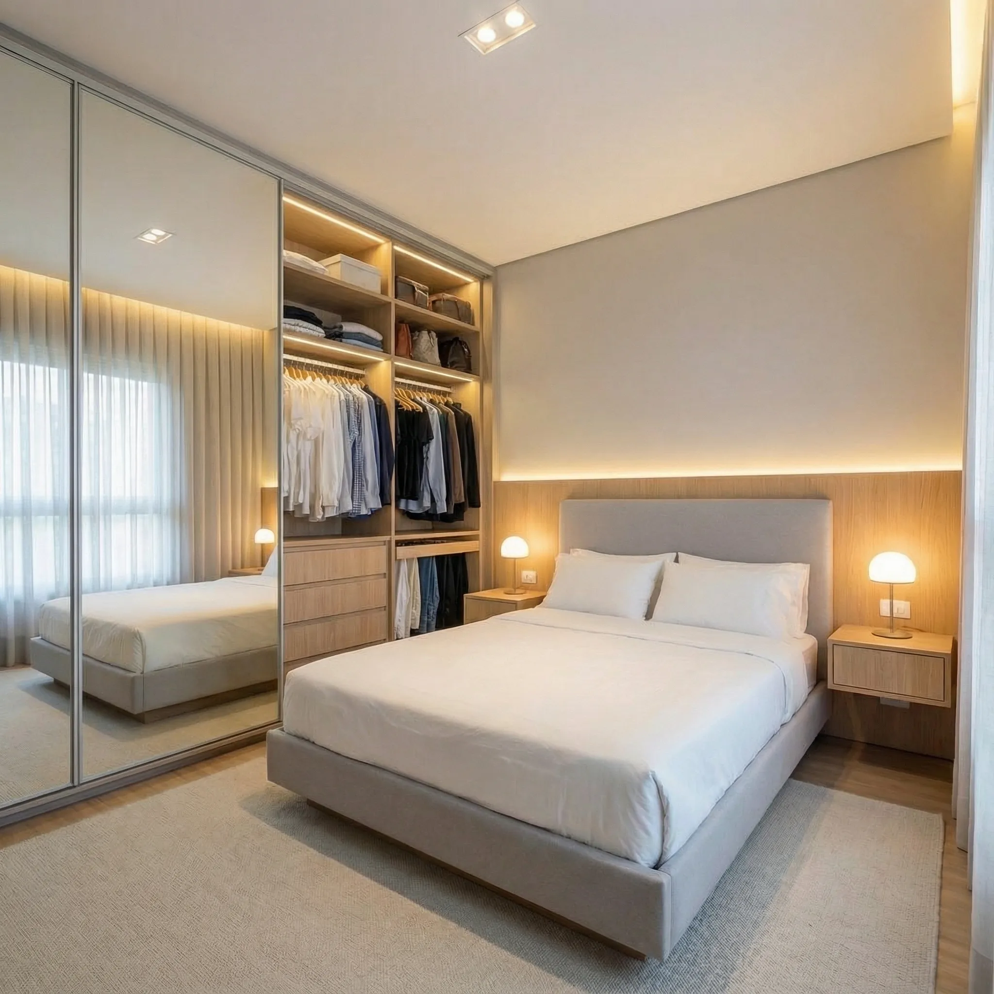 Otvoren klizni ormar sa organizovanom unutrašnjošću, šipkama i policama od hrasta