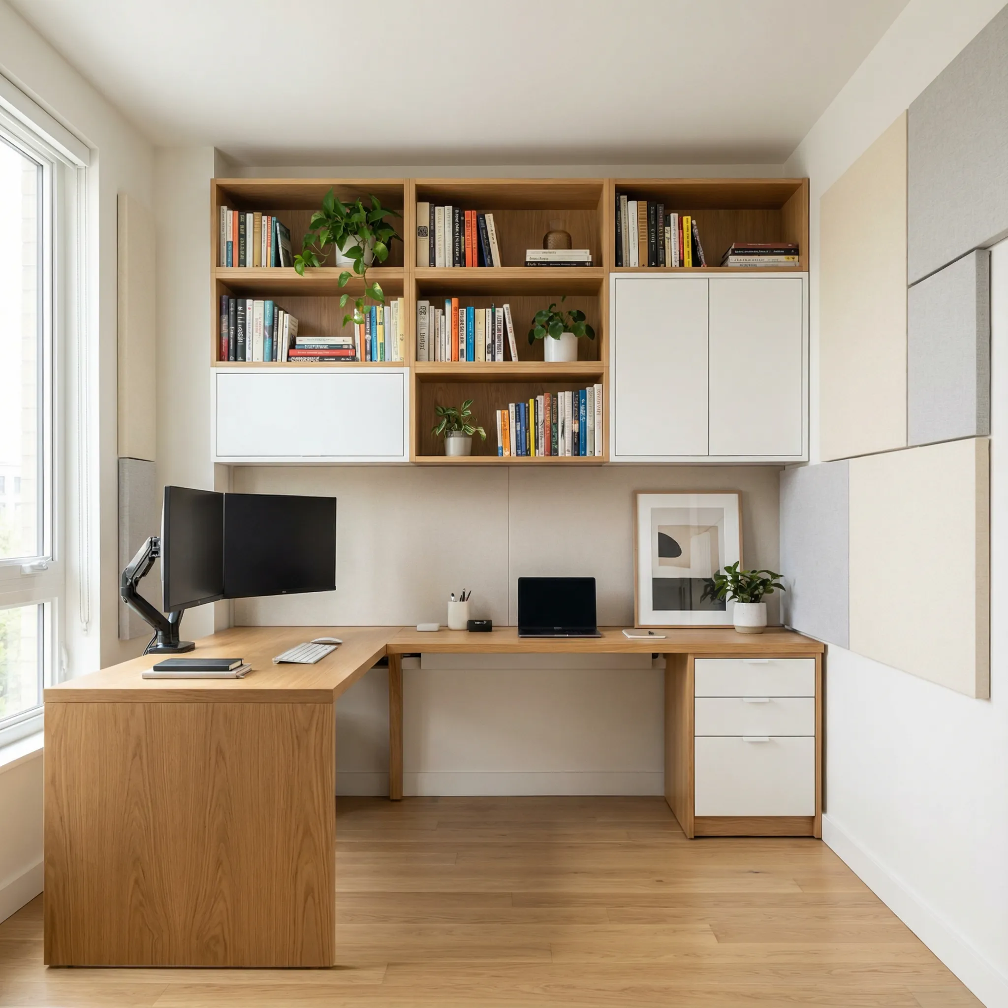 Kućna kancelarija sa L radnim stolom od hrasta, monitorom i policama za knjige