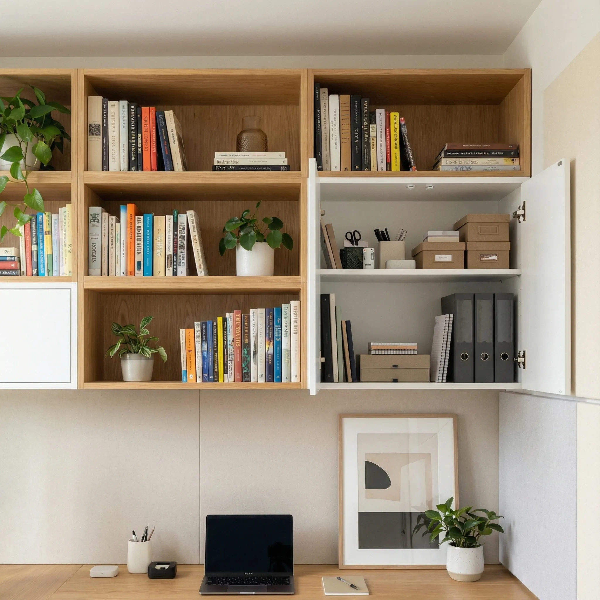Zidne police sa knjigama, biljkama i zatvorenim elementima za kancelarijski materijal
