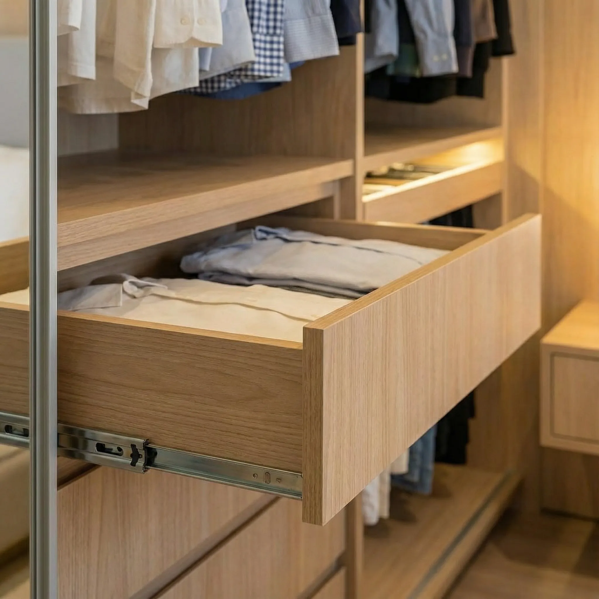 Detalj unutrašnjosti ormara sa izvučenom fiokom za složenu odeću