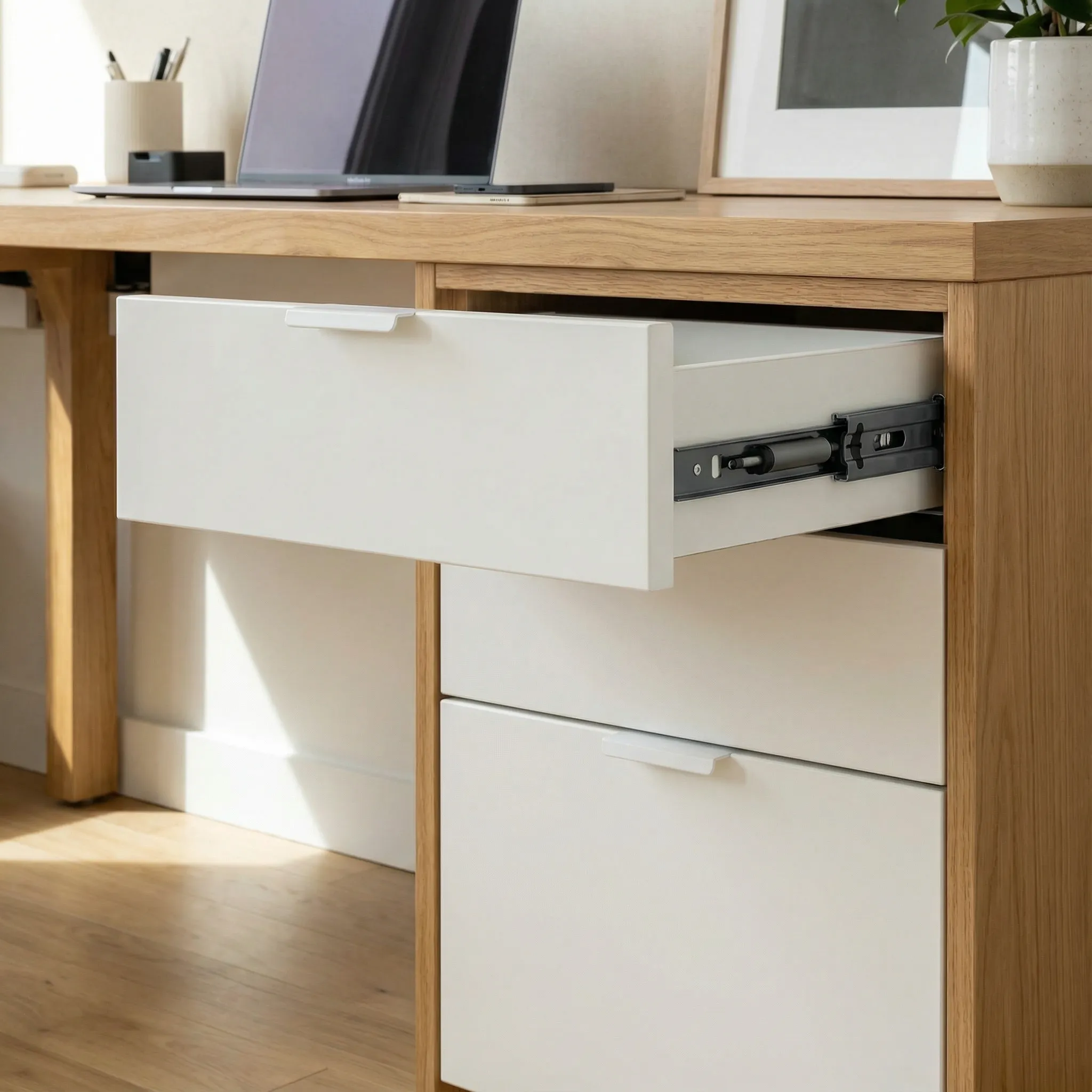 Detalj fioke radnog stola sa mehanizmom izvlačenja punog produženja