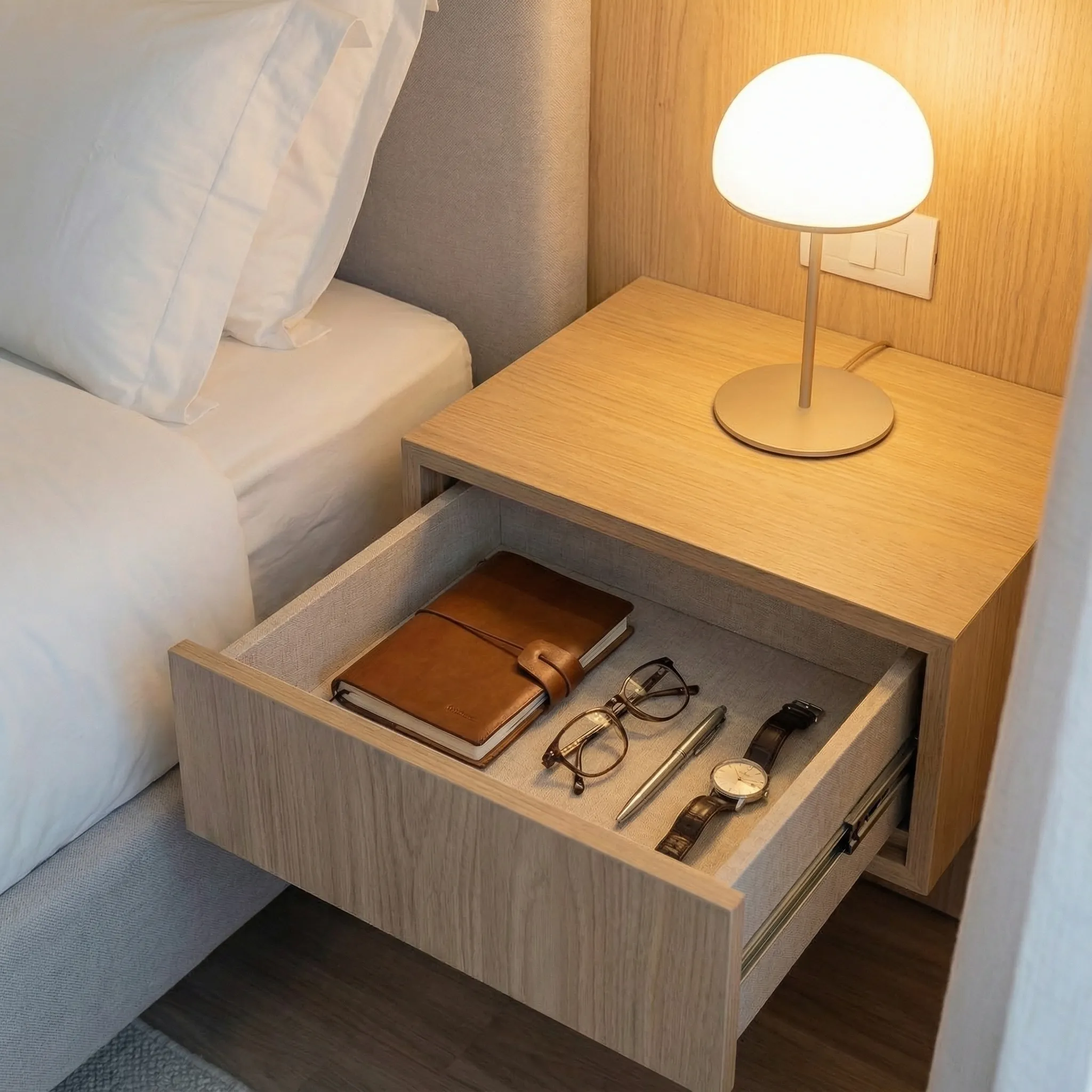 Lebdeći noćni ormarić od hrasta sa lampom i otvorenom fiokom za lične stvari