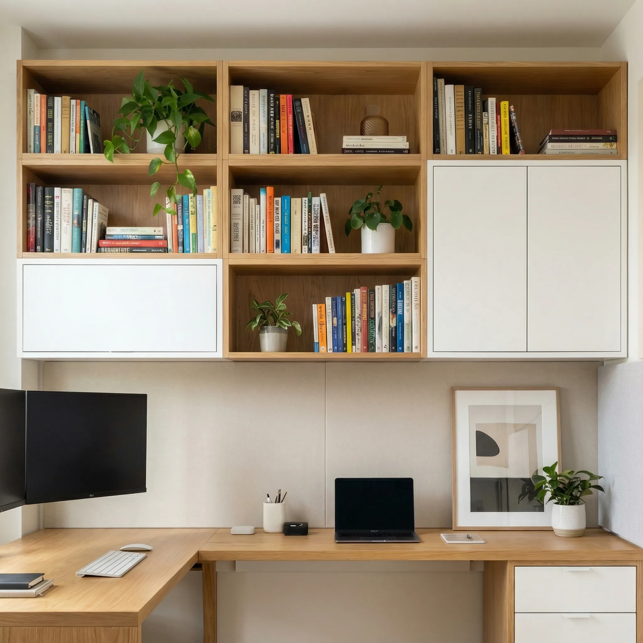 Pogled na radni kutak sa laptopom, monitorom i organizovanim policama u pozadini