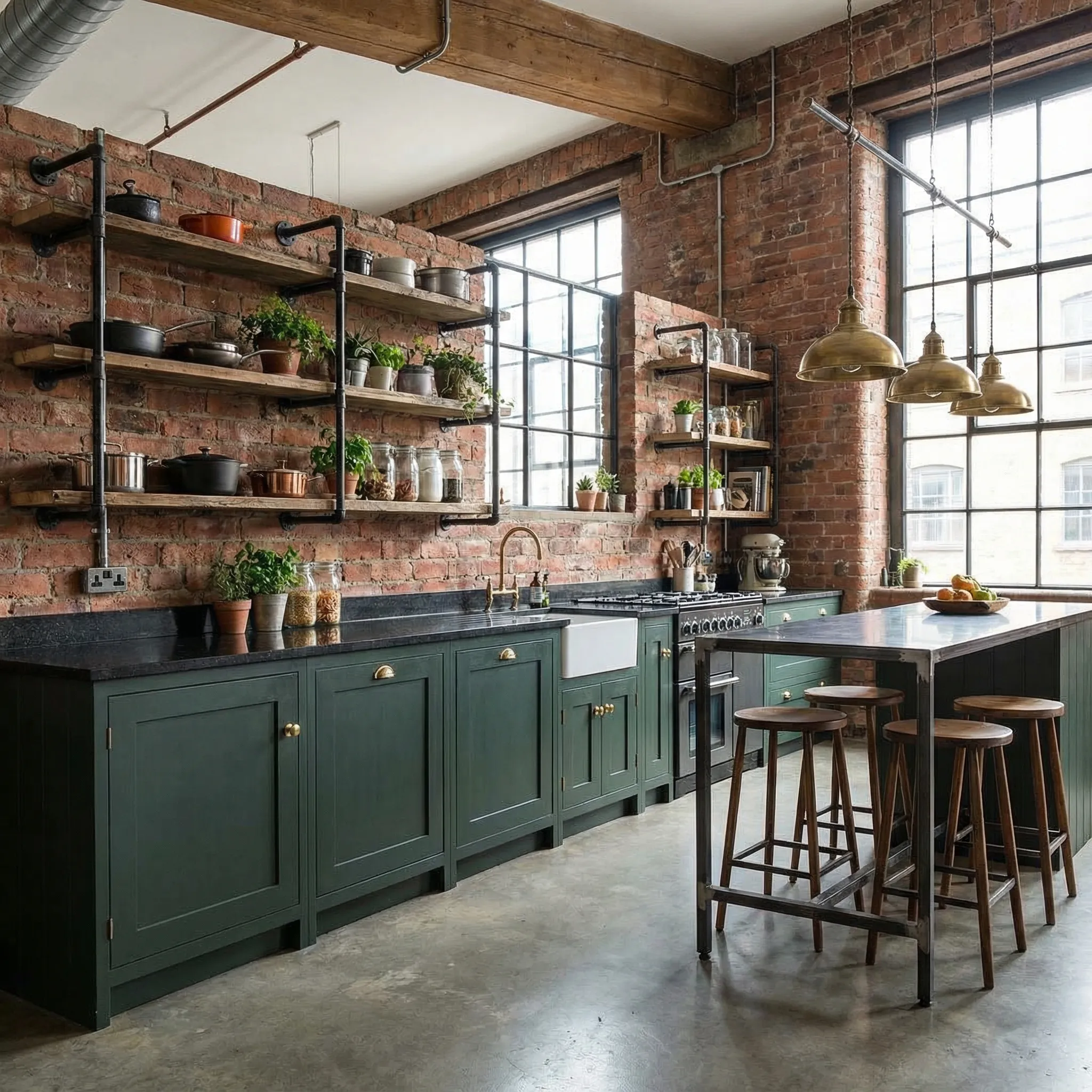 Industrijska kuhinja sa tamno zelenim elementima, ciglenim zidom i metalnim policama
