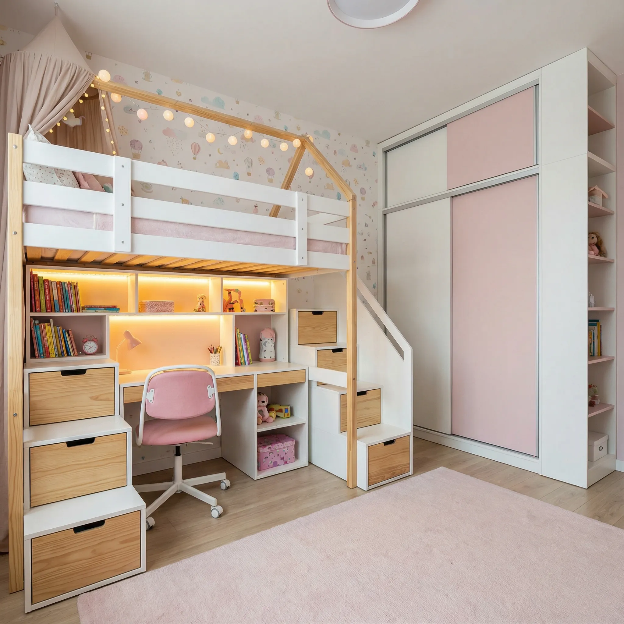 Dečija soba sa krevetom na sprat u obliku kućice, radnim stolom ispod i roze kliznim ormarom