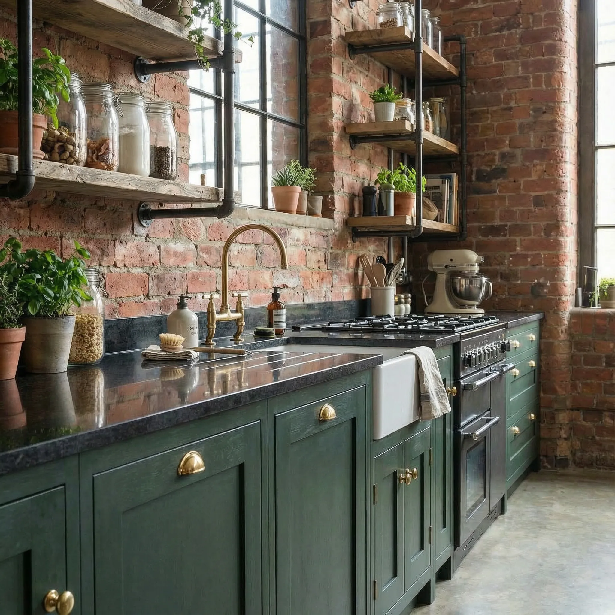 Detalj radne zone sa mesinganom slavinom, Belfast sudoperom i biljkama