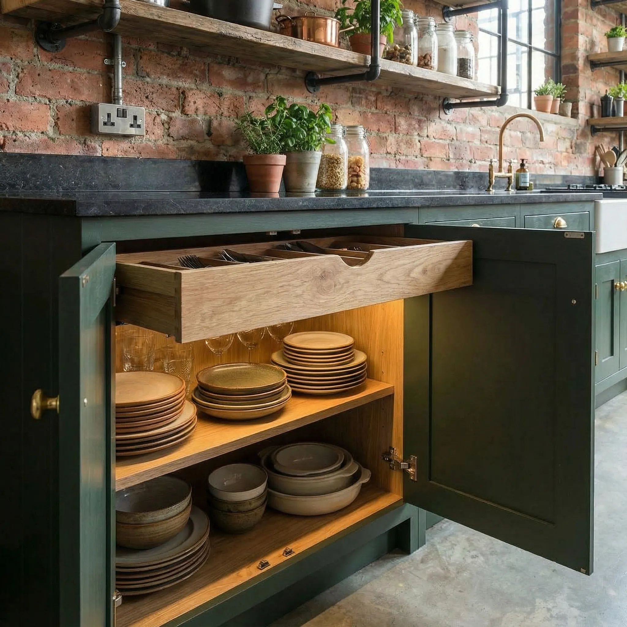 Otvorena fioka sa drvenim organizatorom za escajg i keramičkim posuđem