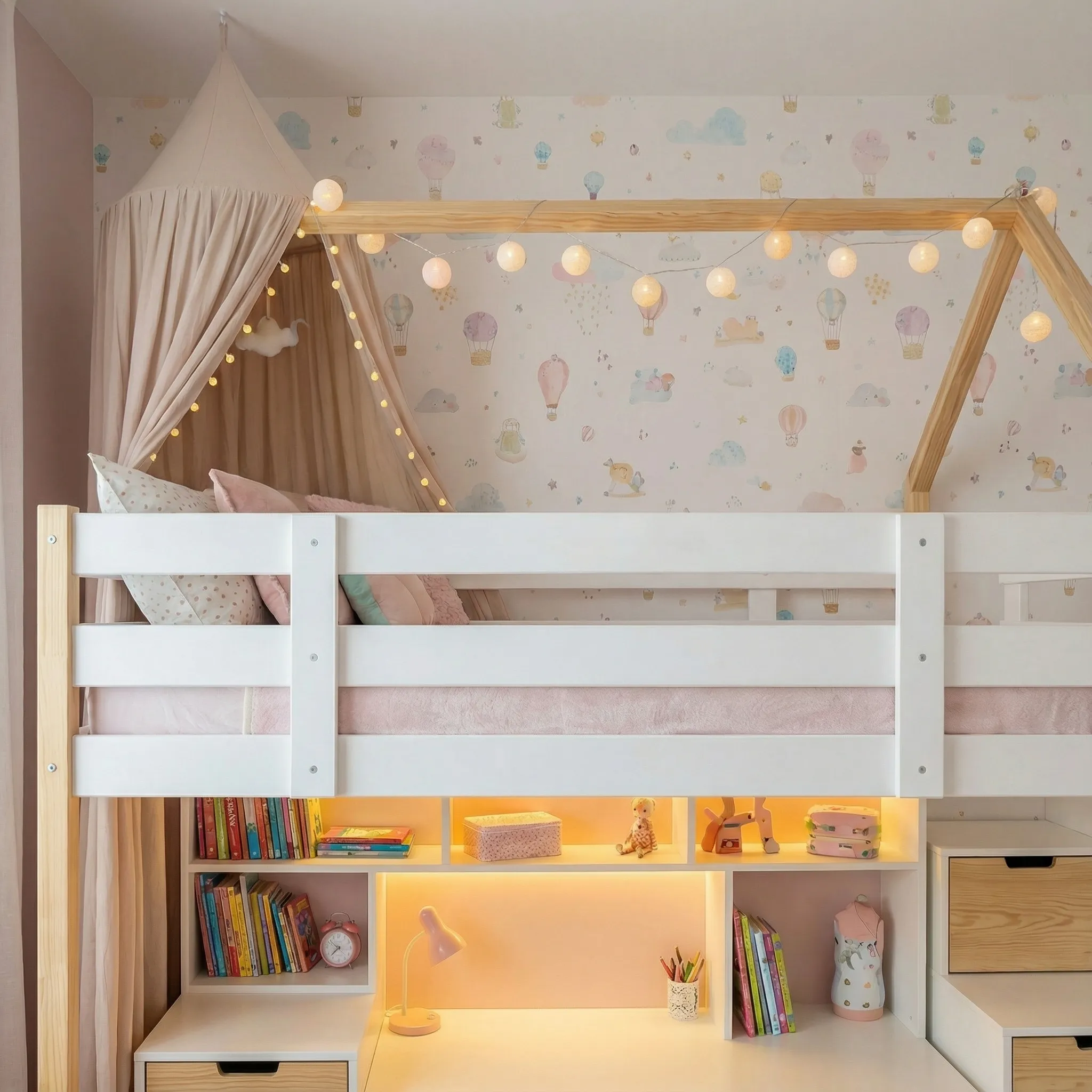 Detalj kreveta na sprat sa LED osvetljenim policama ispod i dekorativnim lampicama