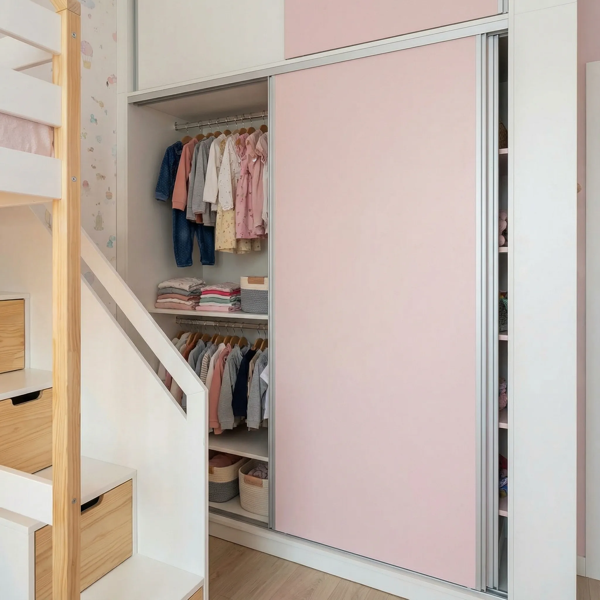 Roze klizni ormar sa organizovanom unutrašnjošću za dečiju garderobu