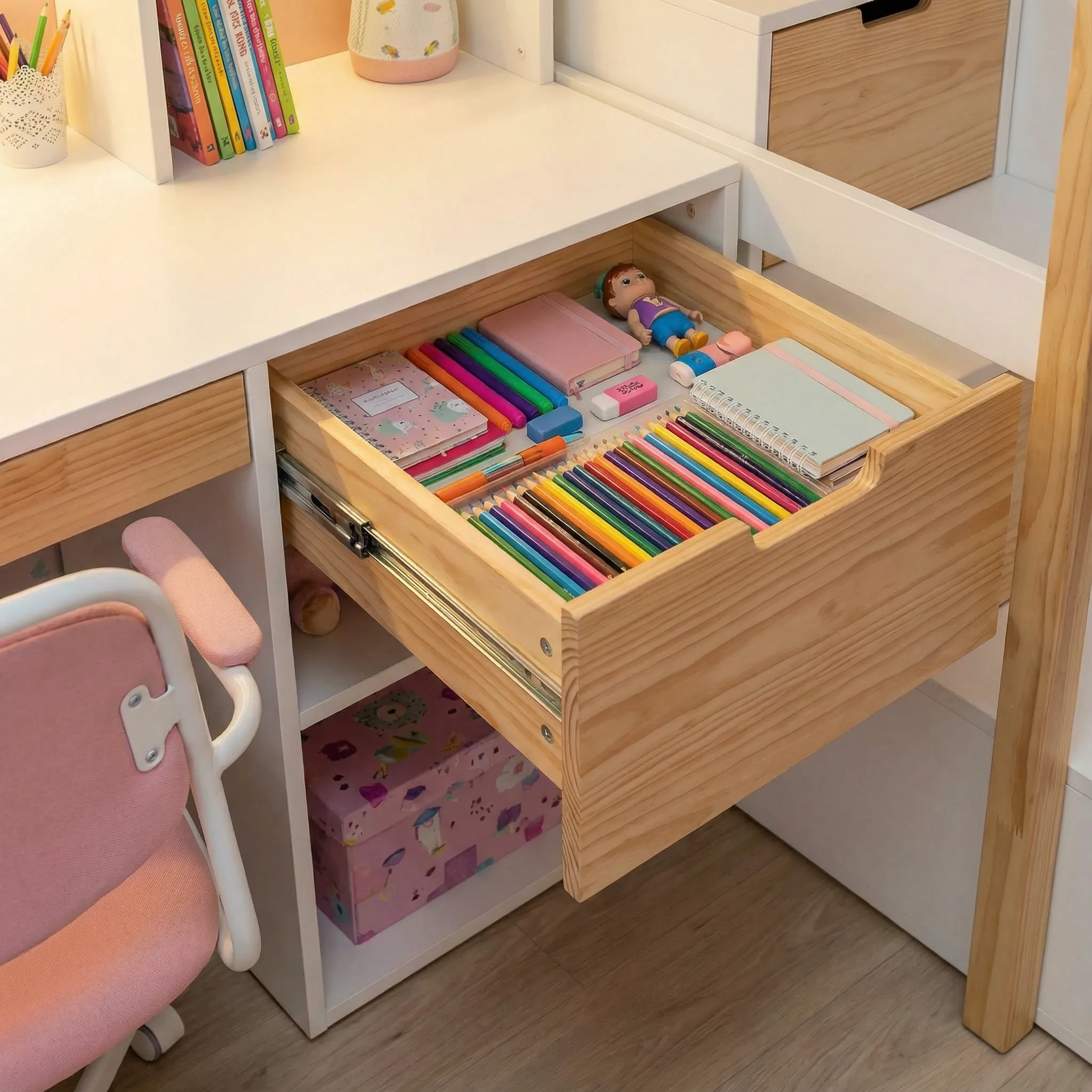 Otvorena fioka radnog stola sa organizatorom za školski pribor i bojice