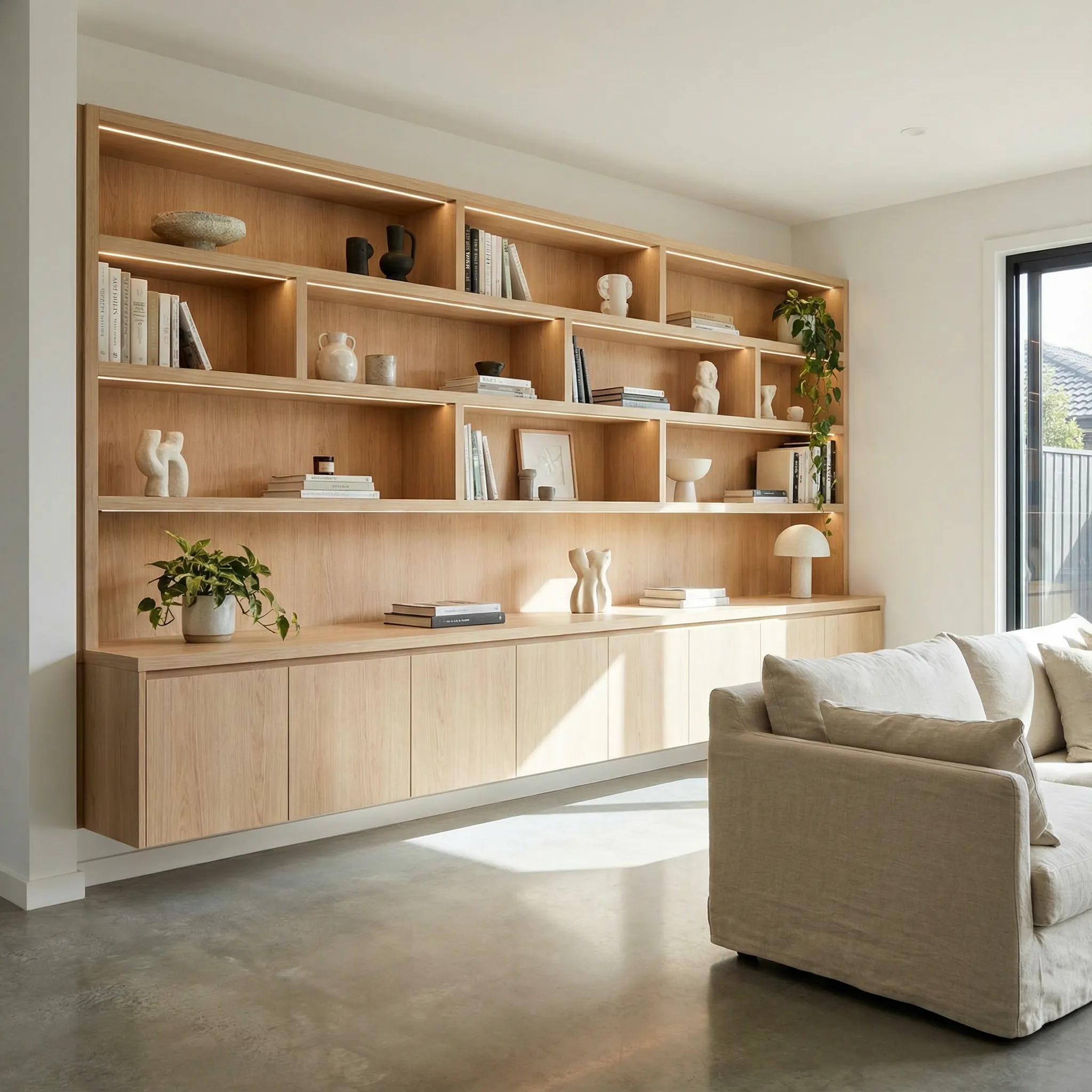 Ugradbena zidna jedinica od svetlog hrasta sa otvorenim policama, knjigama i dekorativnim predmetima