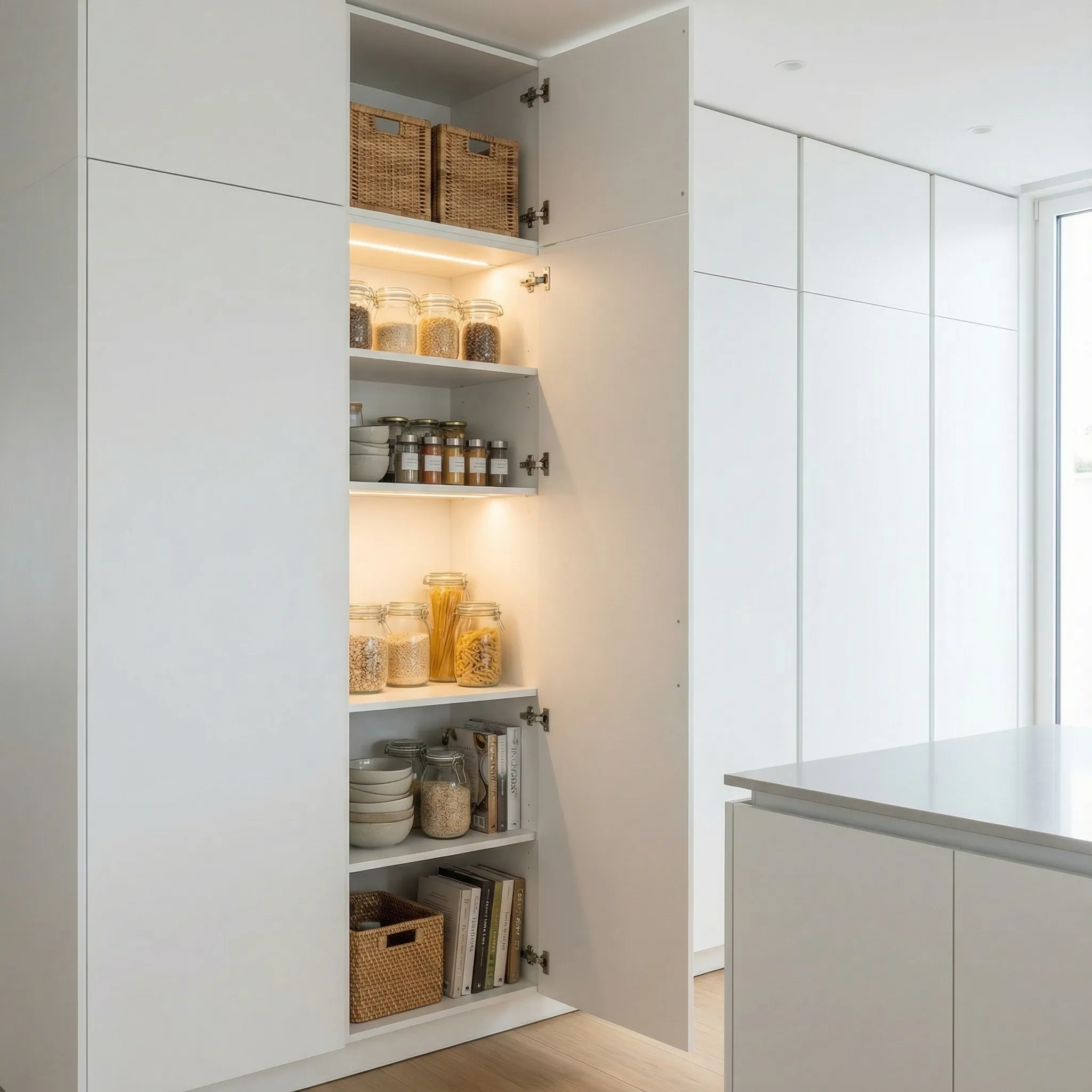 Otvoren visoki element sa LED policama za namirnice, začine i organizovano odlaganje