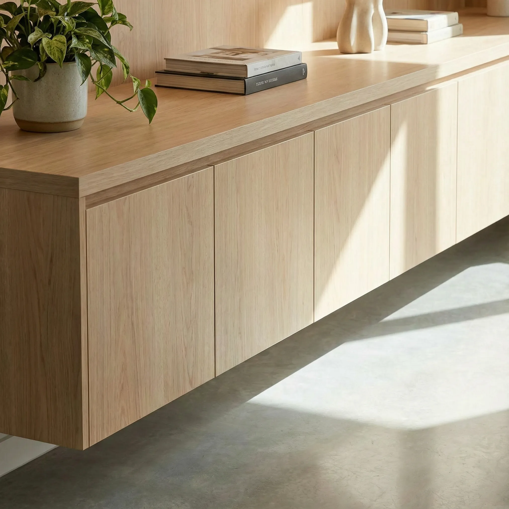 Detalj lebdećeg elementa od hrasta sa biljkom i knjigama na vrhu