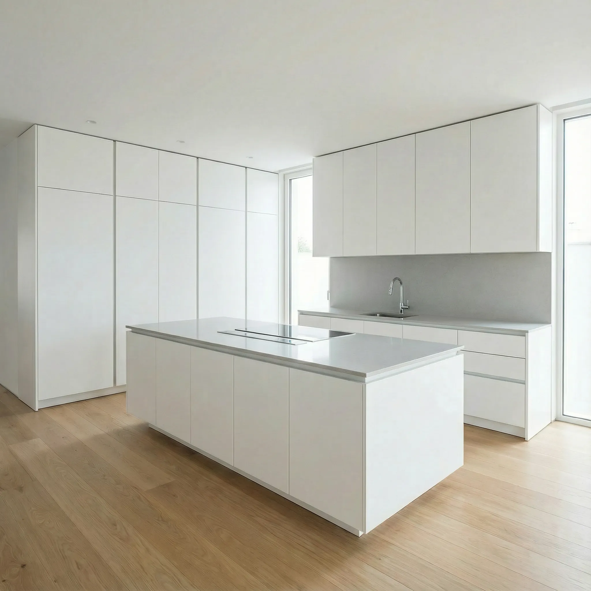 Minimalistička bela kuhinja sa ostrvom, visokim elementima do plafona i drvenim podom