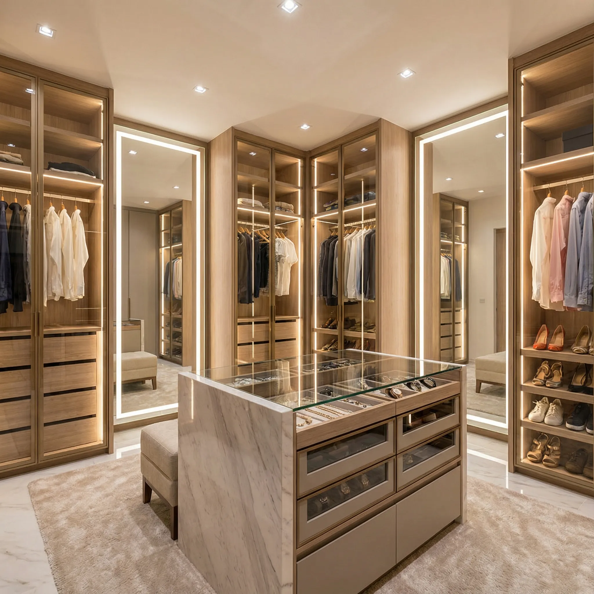 Luksuzna walk-in garderoba sa centralnim ostrvom od mermera, staklenim vitrinama i LED osvetljenjem