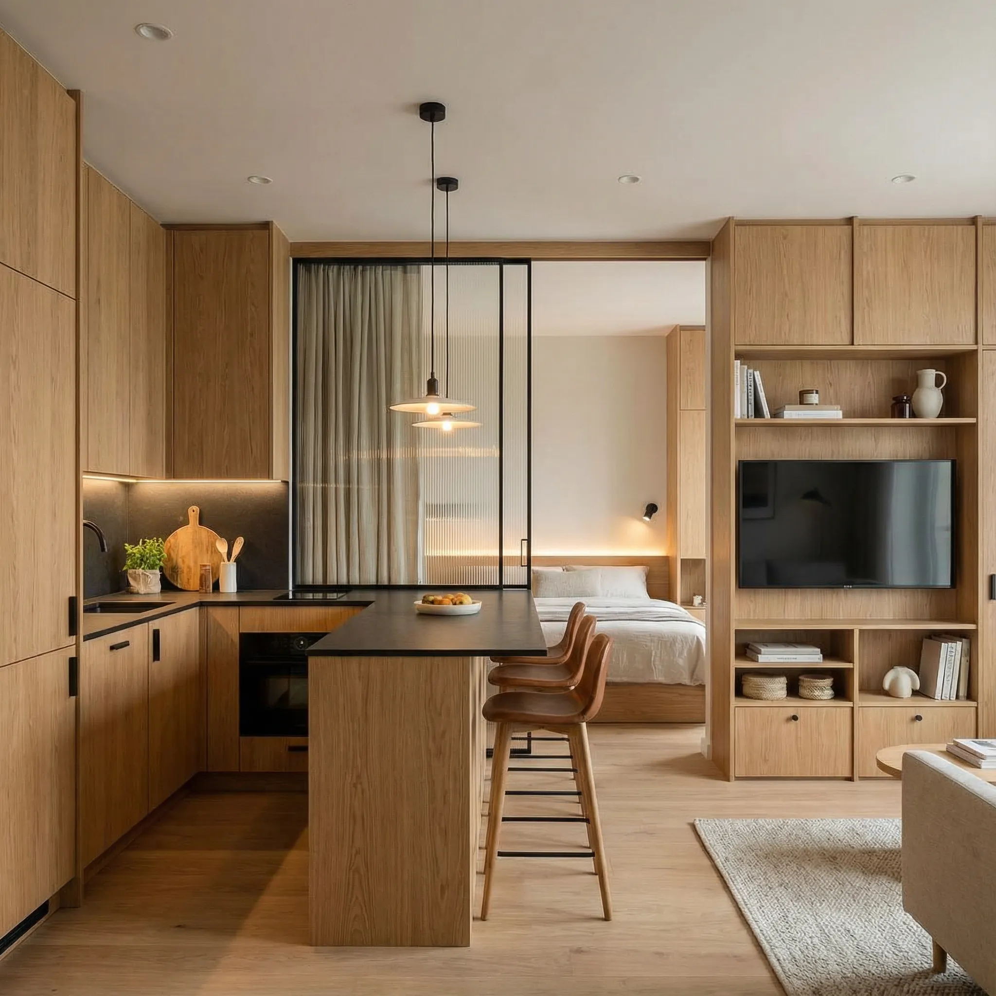 Kompaktan stan sa integrisanom kuhinjom, TV zidom i spavaćom zonom iza staklene pregrade