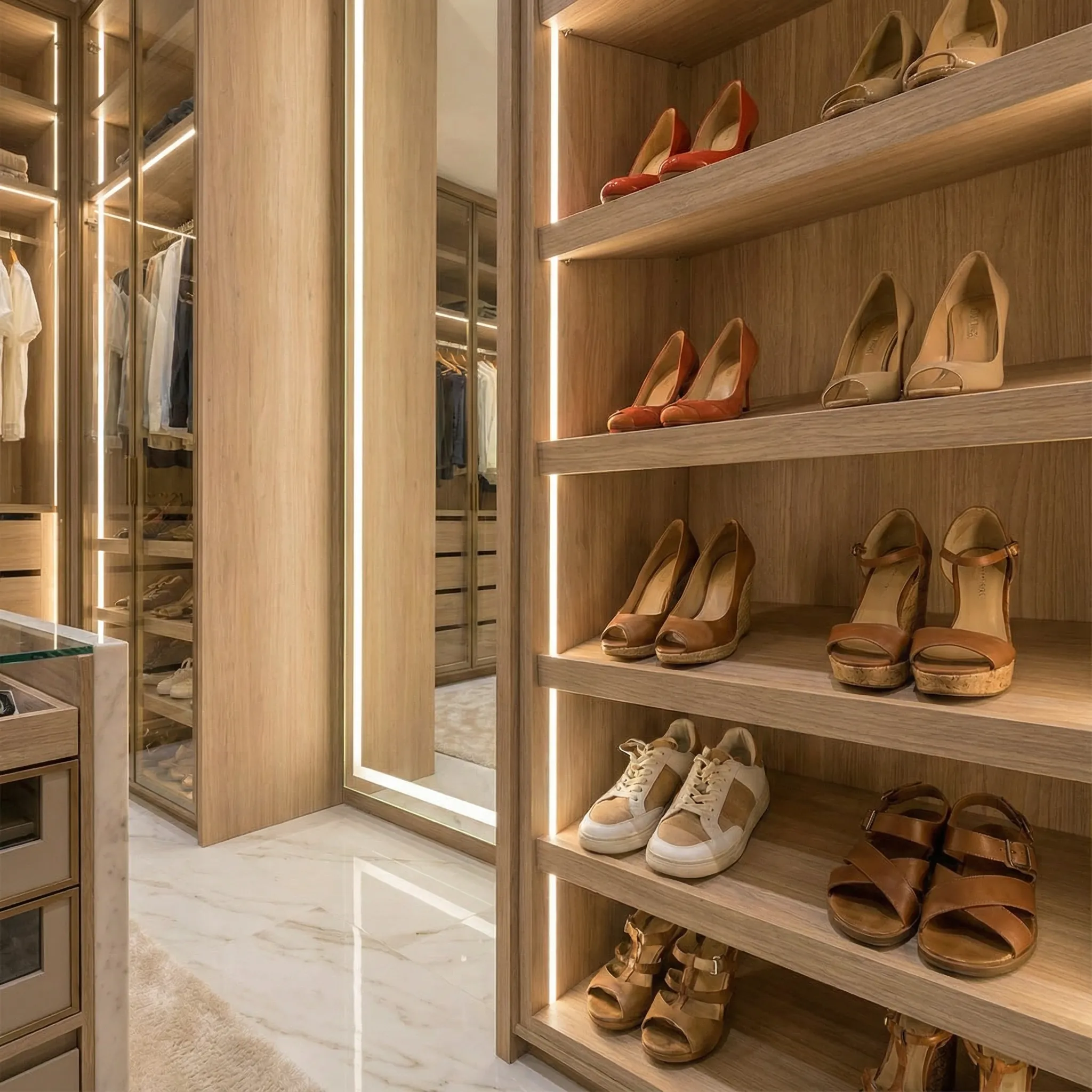 Police za obuću od hrasta sa LED osvetljenjem i kolekcijom cipela