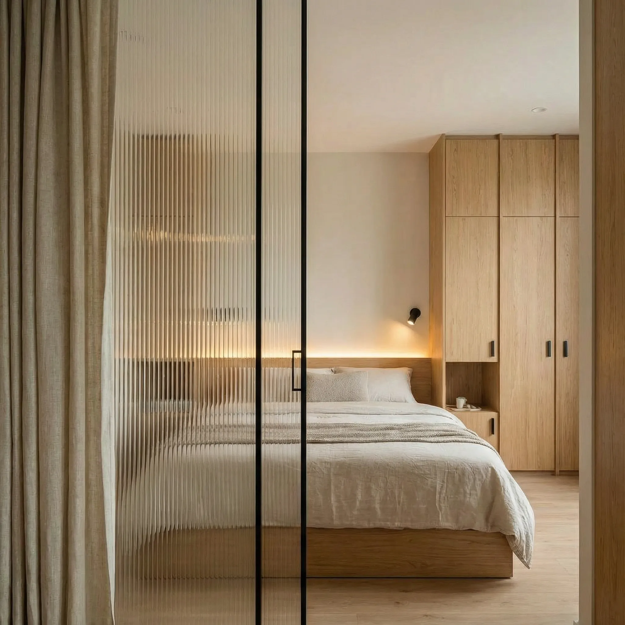 Spavaća soba iza rebraste staklene pregrade sa ugradbenim ormarima od hrasta