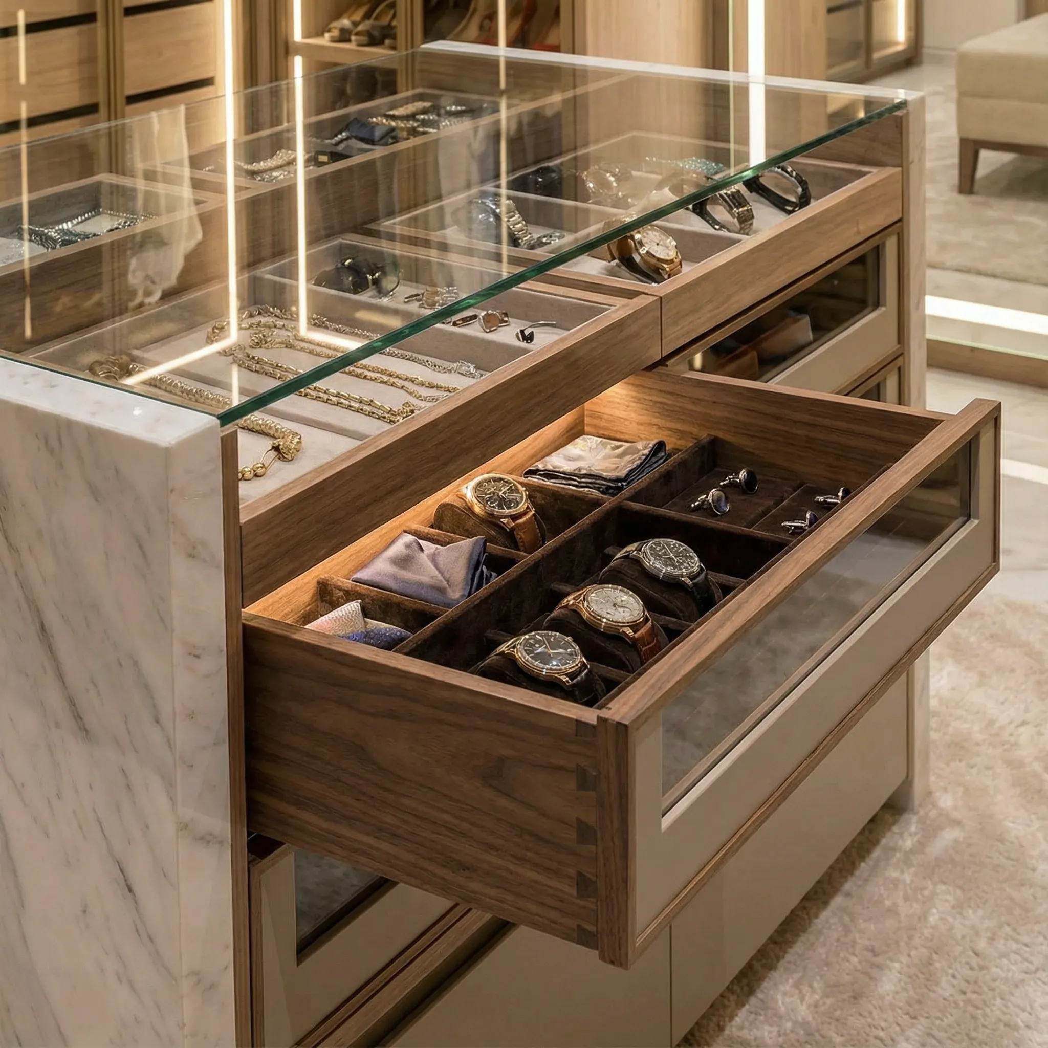 Detalj centralnog ostrva sa fiokama za satove, nakit i manžetne
