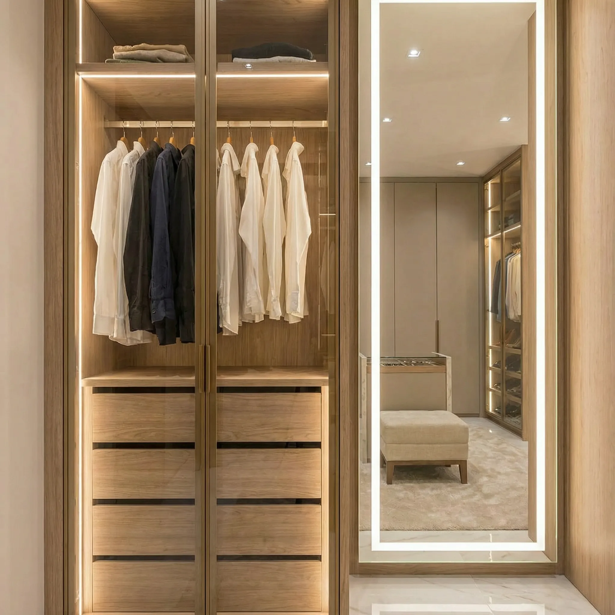 Stakleni ormar sa šipkama za košulje i ogledalo sa LED okvirom