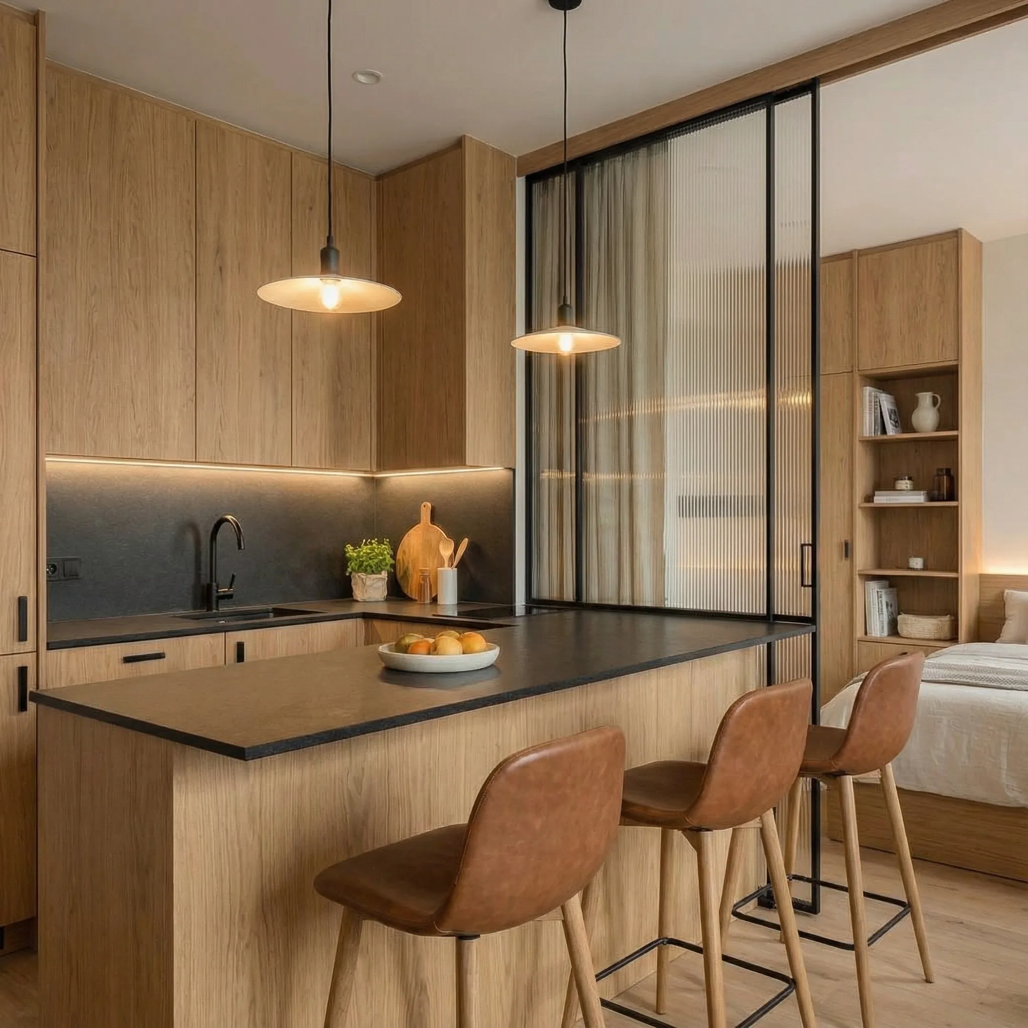 Kuhinja sa hrastovim frontovima, tamnom radnom pločom i barskim stolicama