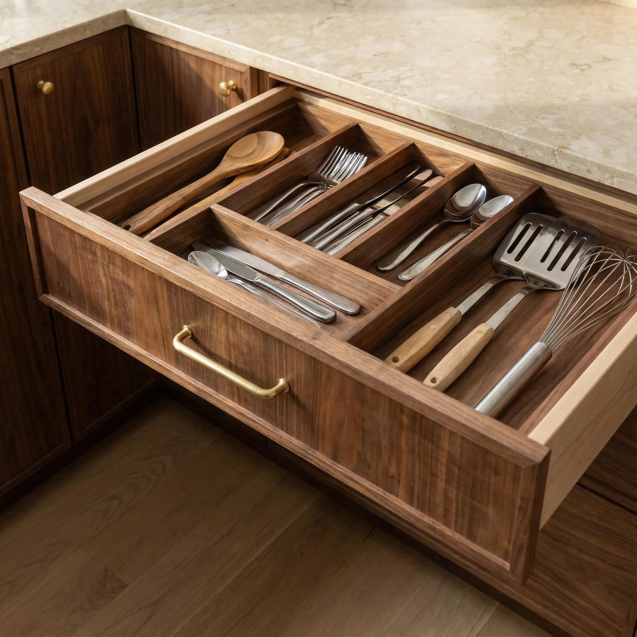 Otvorena fioka sa drvenim organizatorom za escajg i kuhinjski pribor