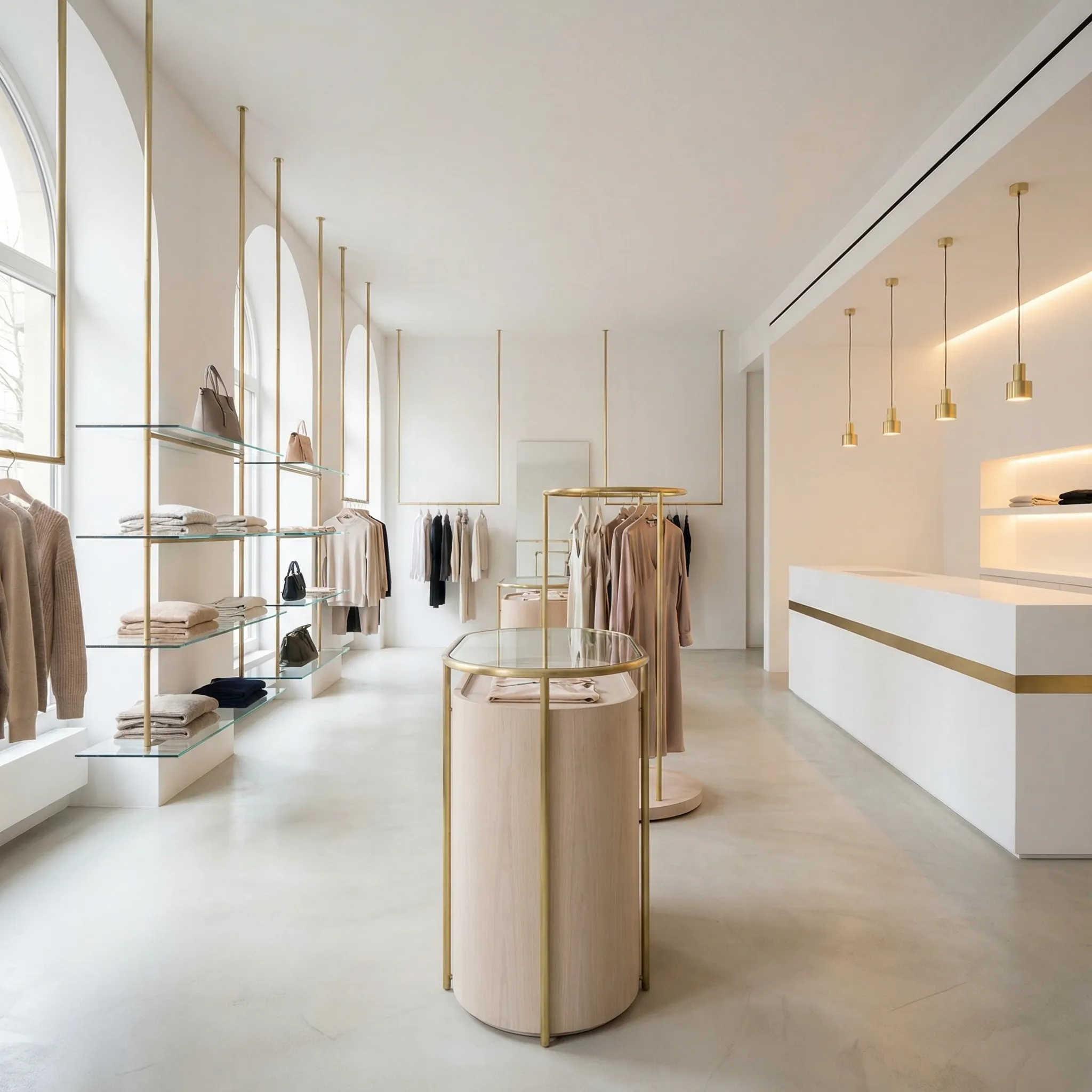 Minimalistički butik sa staklenim policama, cilindričnim gondolama i belom kasom sa mesinganom trakom