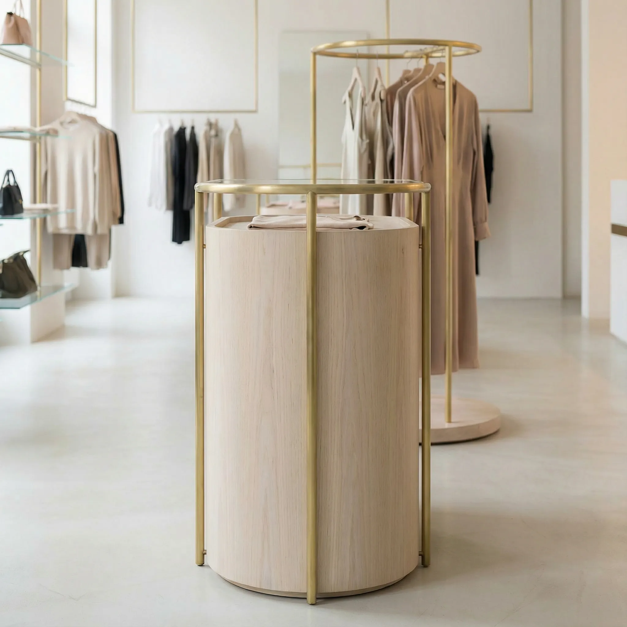 Cilindrične gondole od svetlog drveta sa mesinganim šipkama za vešanje odeće