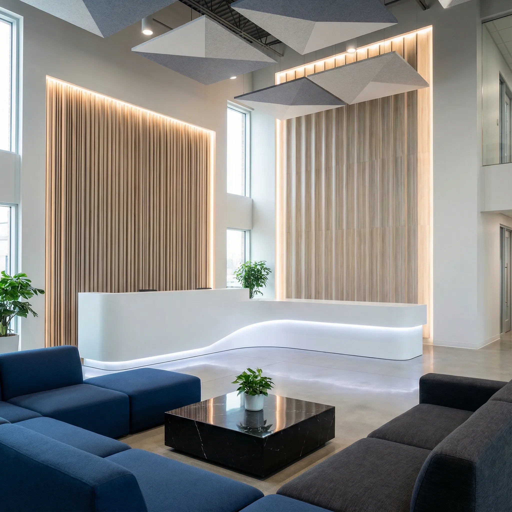 Moderna korporativna recepcija sa zakrivljenim belim pultom, drvenim zidom i modularnim sofama