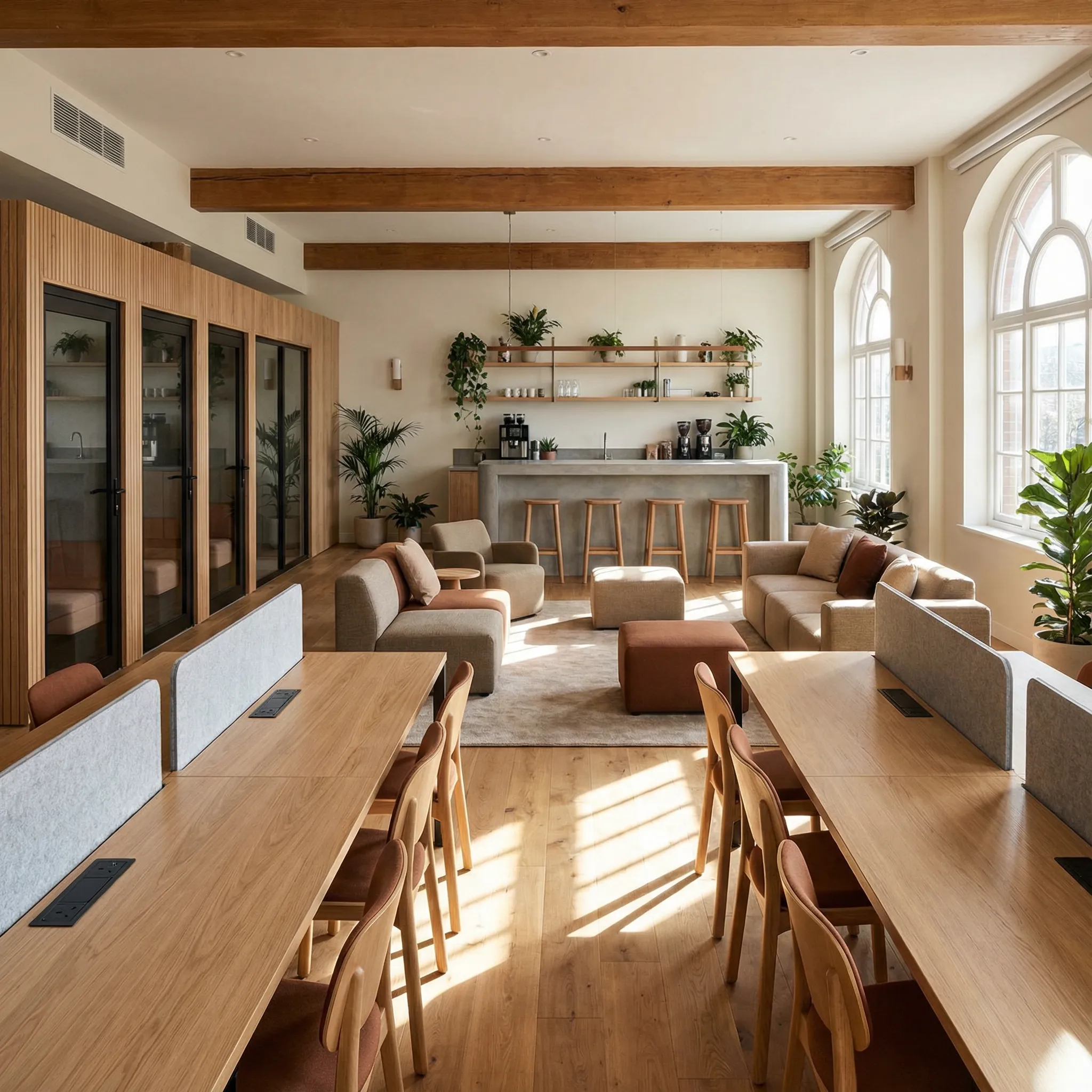 Coworking prostor sa dugačkim radnim stolovima, telefonskim kabinama i lounge zonom