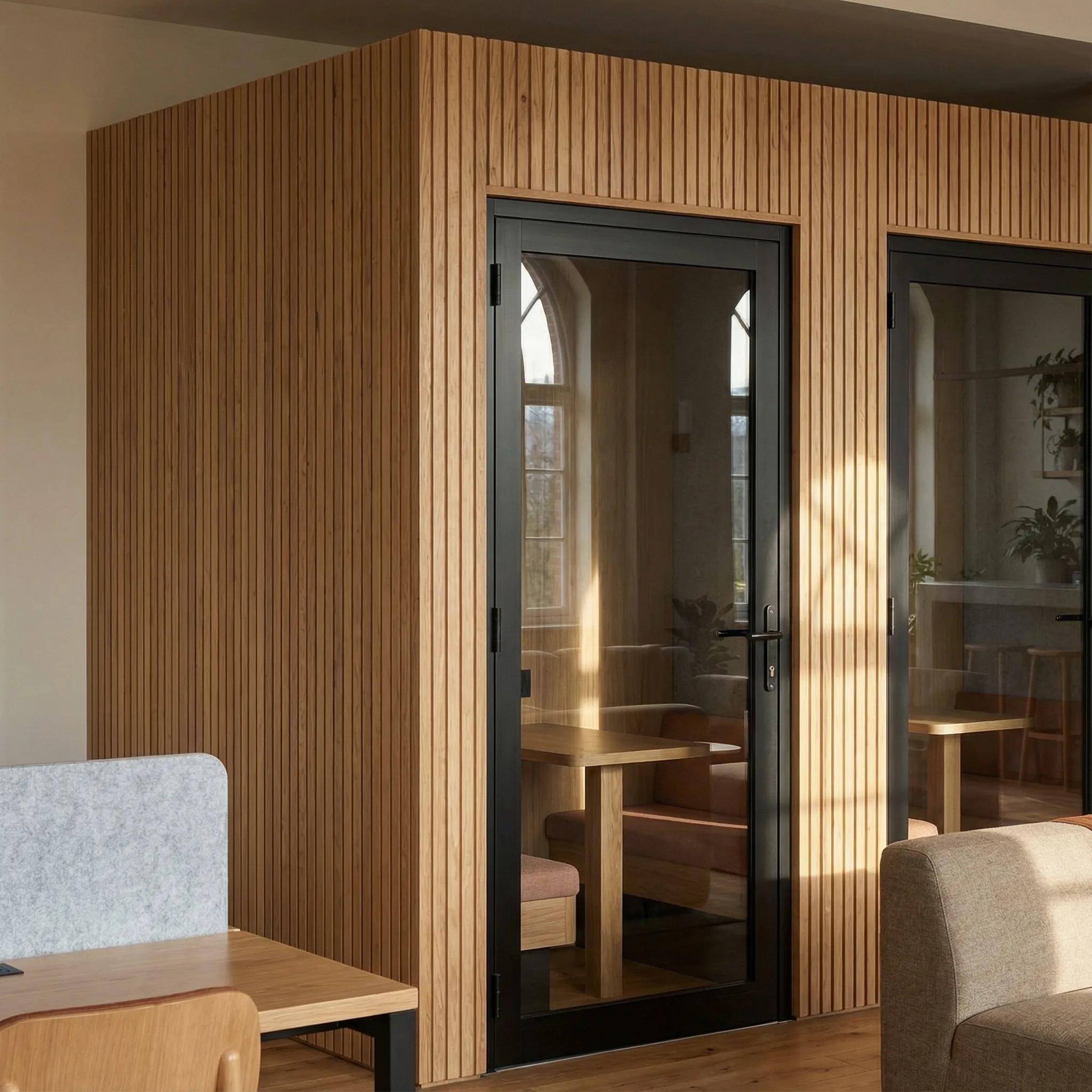 Zvučno izolovana telefonska kabina od drvenih letvica sa staklenim vratima