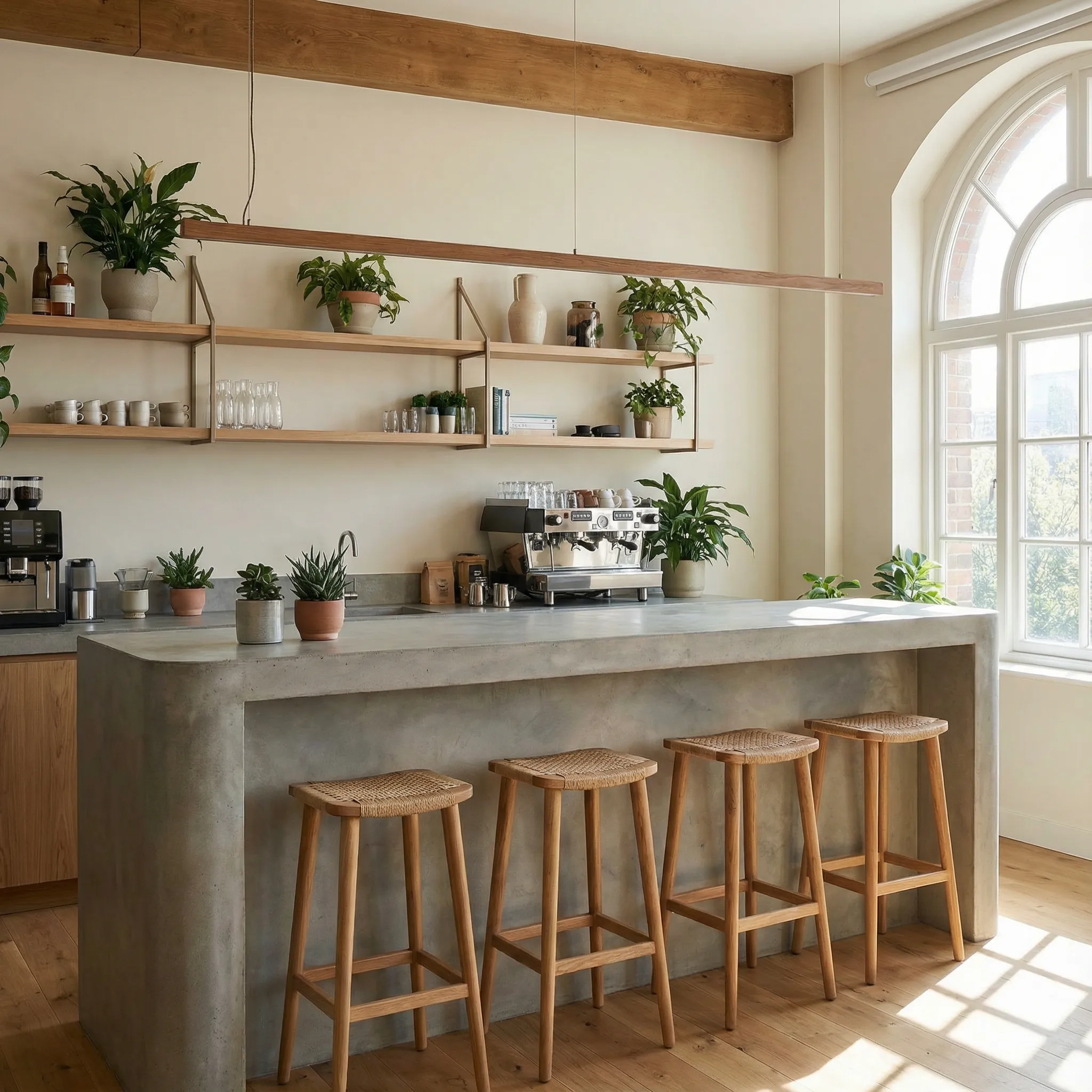 Kuhinja u coworking prostoru sa betonskim šankom, barskim stolicama i biljkama