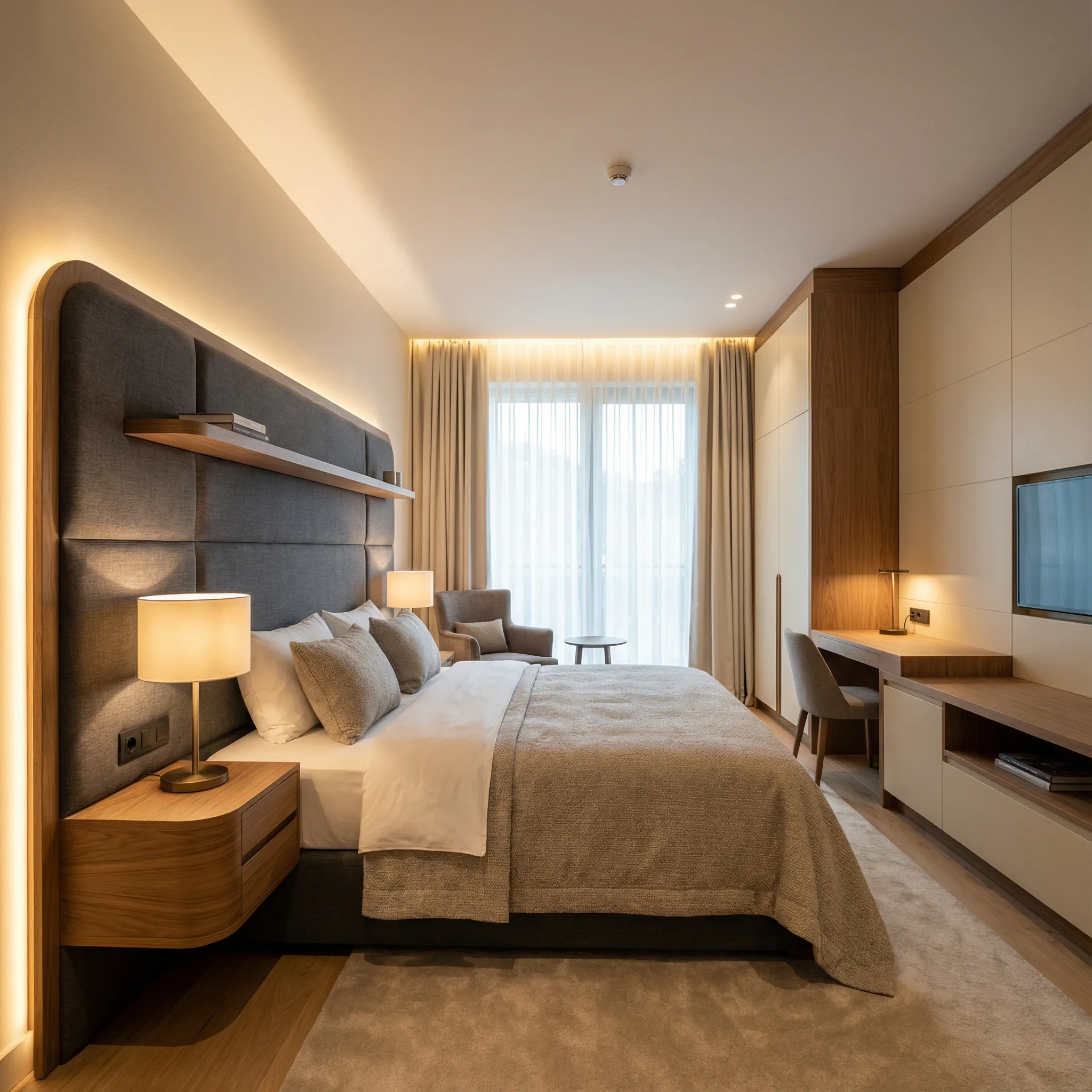 Hotelska soba sa tapaciranim uzglavljem, lebdećim noćnim ormarićima i radnim kutkom