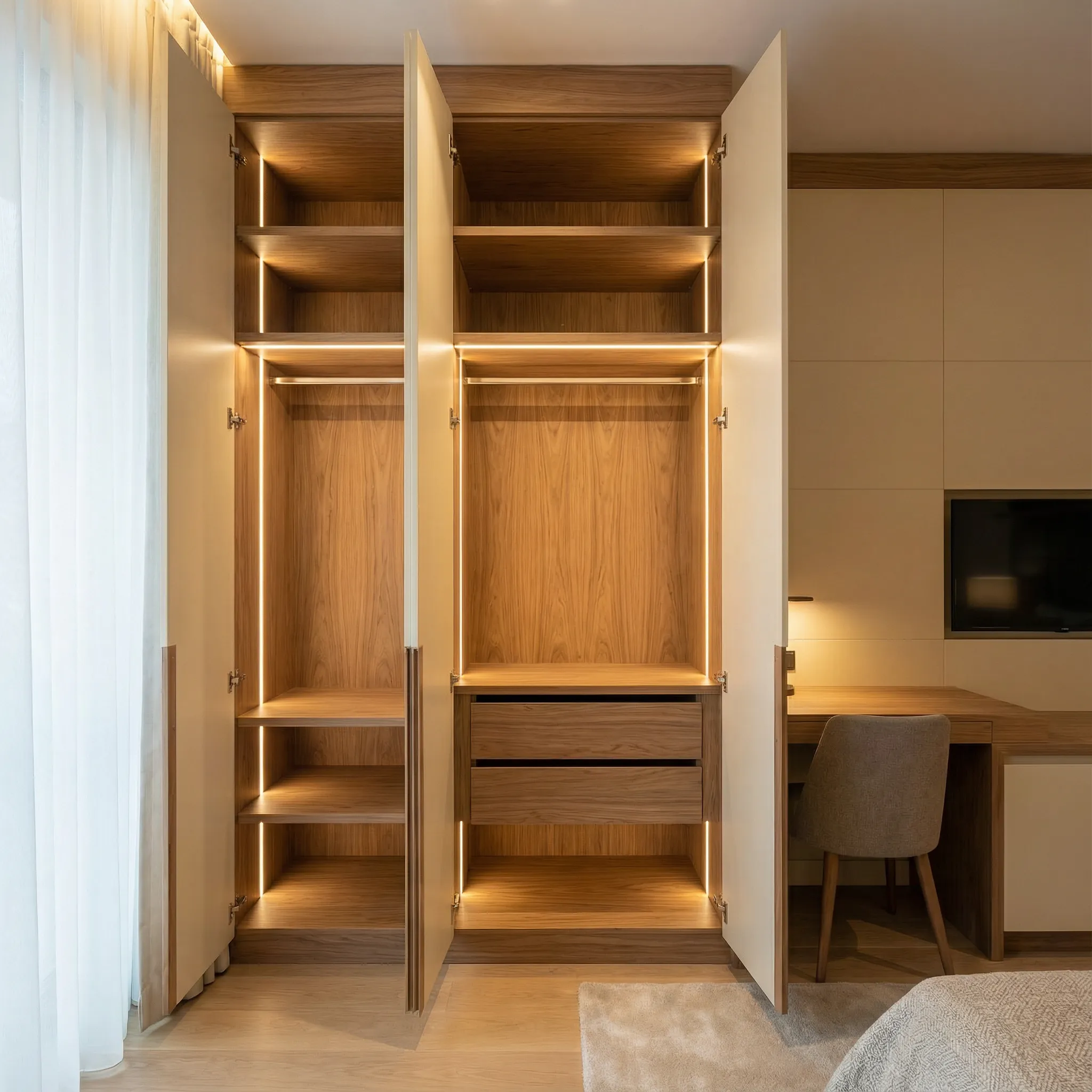 Otvoren ugradbeni ormar hotelske sobe sa LED osvetljenim policama i fiokama