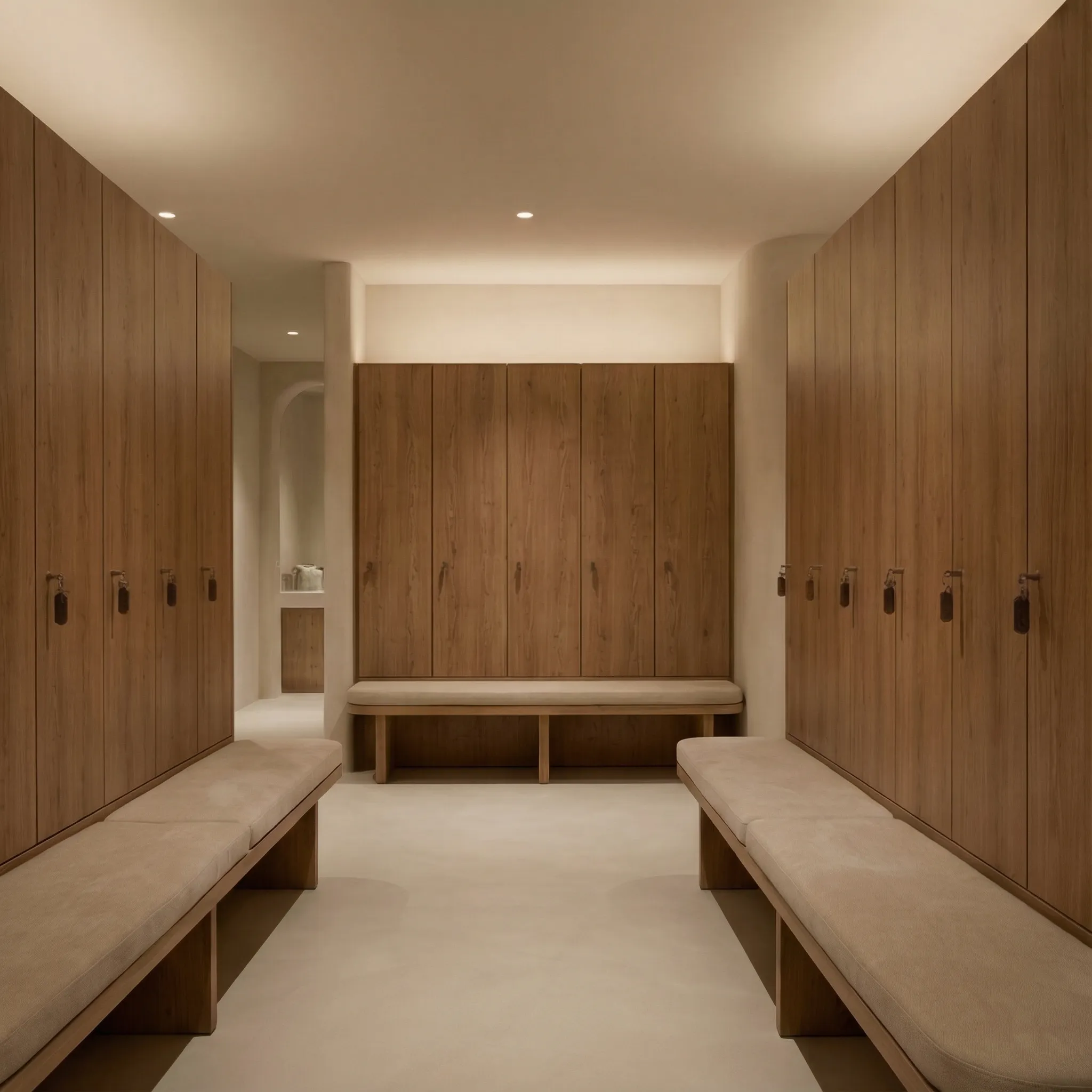 Spa garderober sa hrastovim ormarićima, tapaciranim klupama i indirektnim osvetljenjem