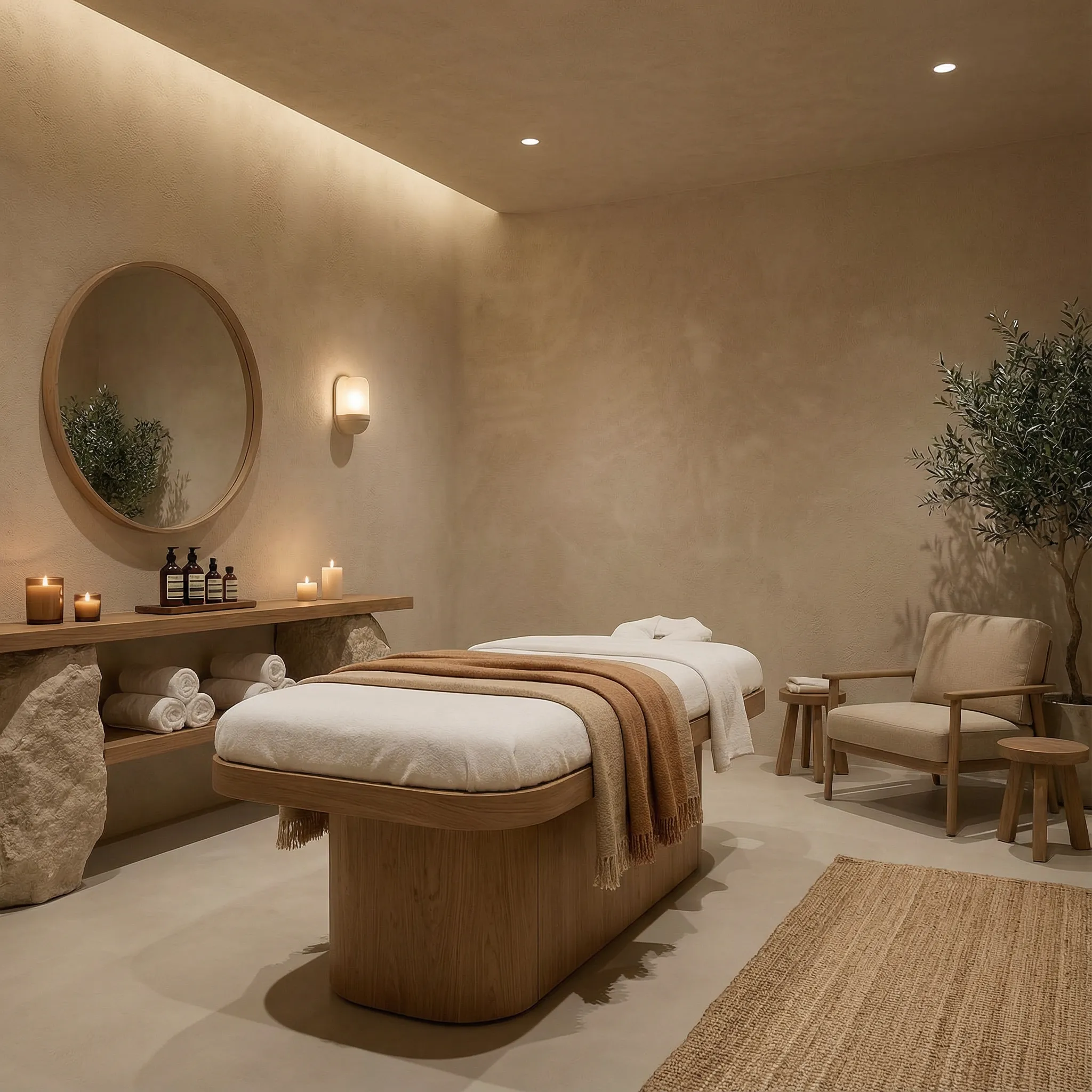 Tretman soba sa masažnim stolom od hrasta, policom za ulja i opuštajućim ambijentom