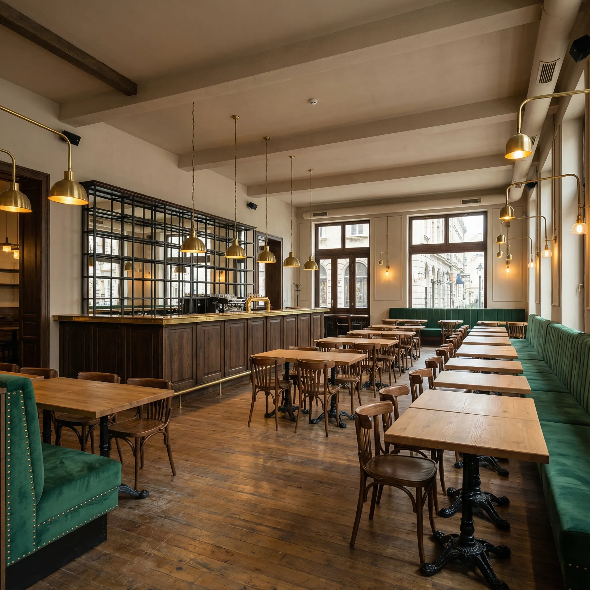 Restoran u stilu moderne kafane sa tamnim hrastovim šankom, zelenim baršunastim klupama i mesinganim lampama