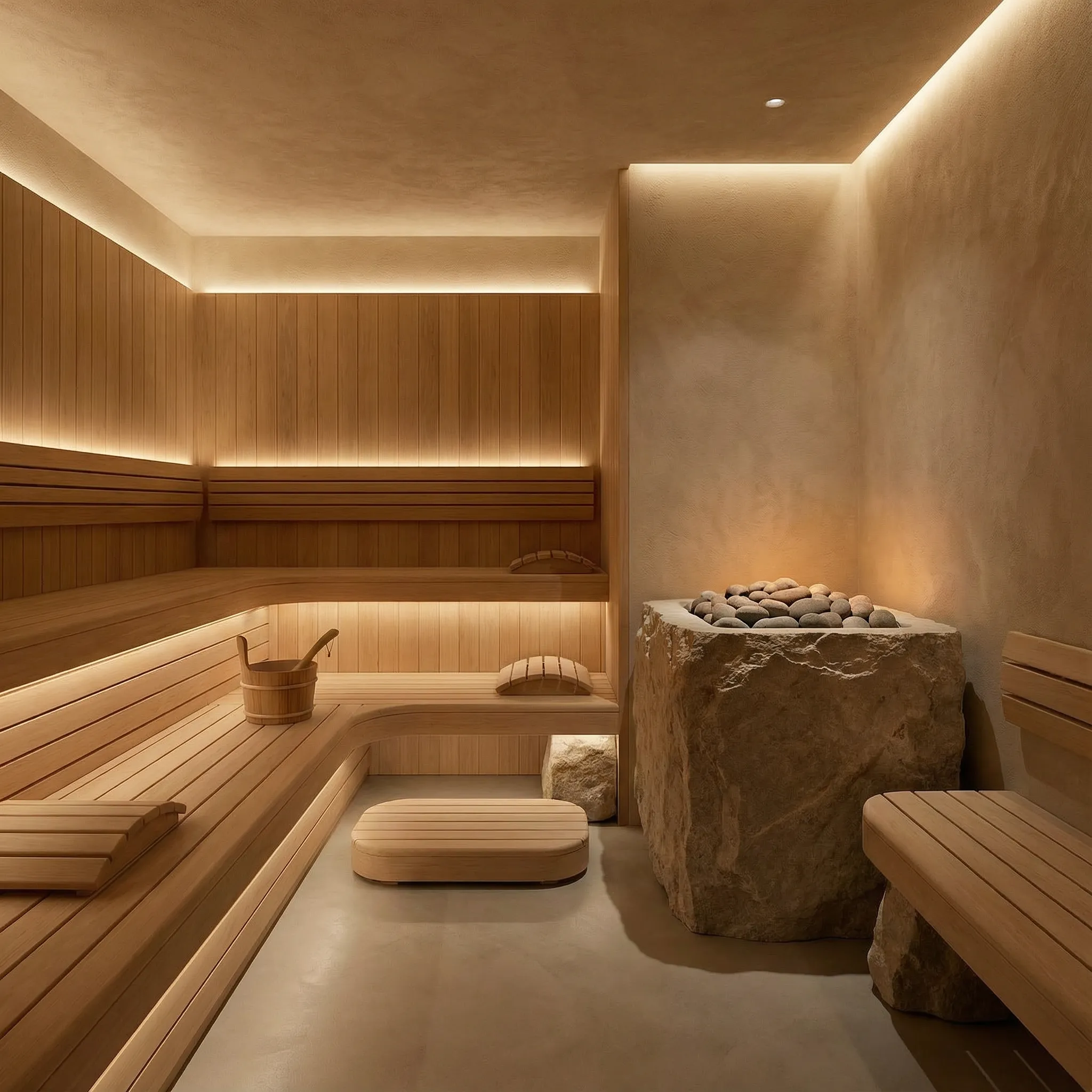 Sauna od svetlog kedra sa kamenom peći, drvenim klupama i indirektnim osvetljenjem