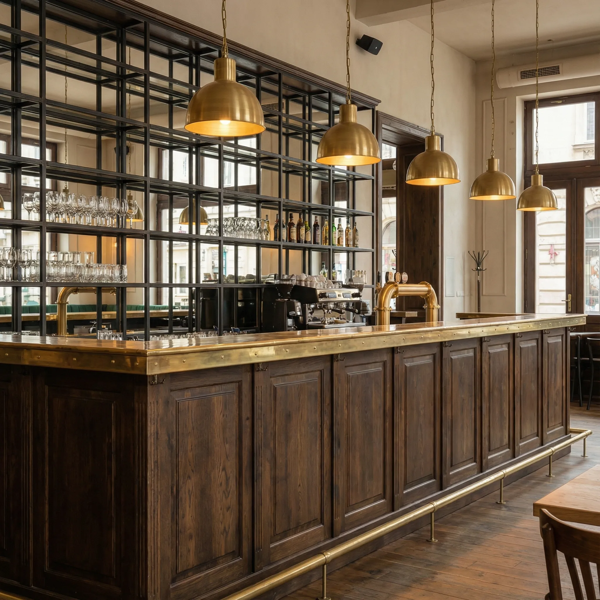 Šank od tamnog hrasta sa mesinganom trakom, visećim lampama i policama za čaše