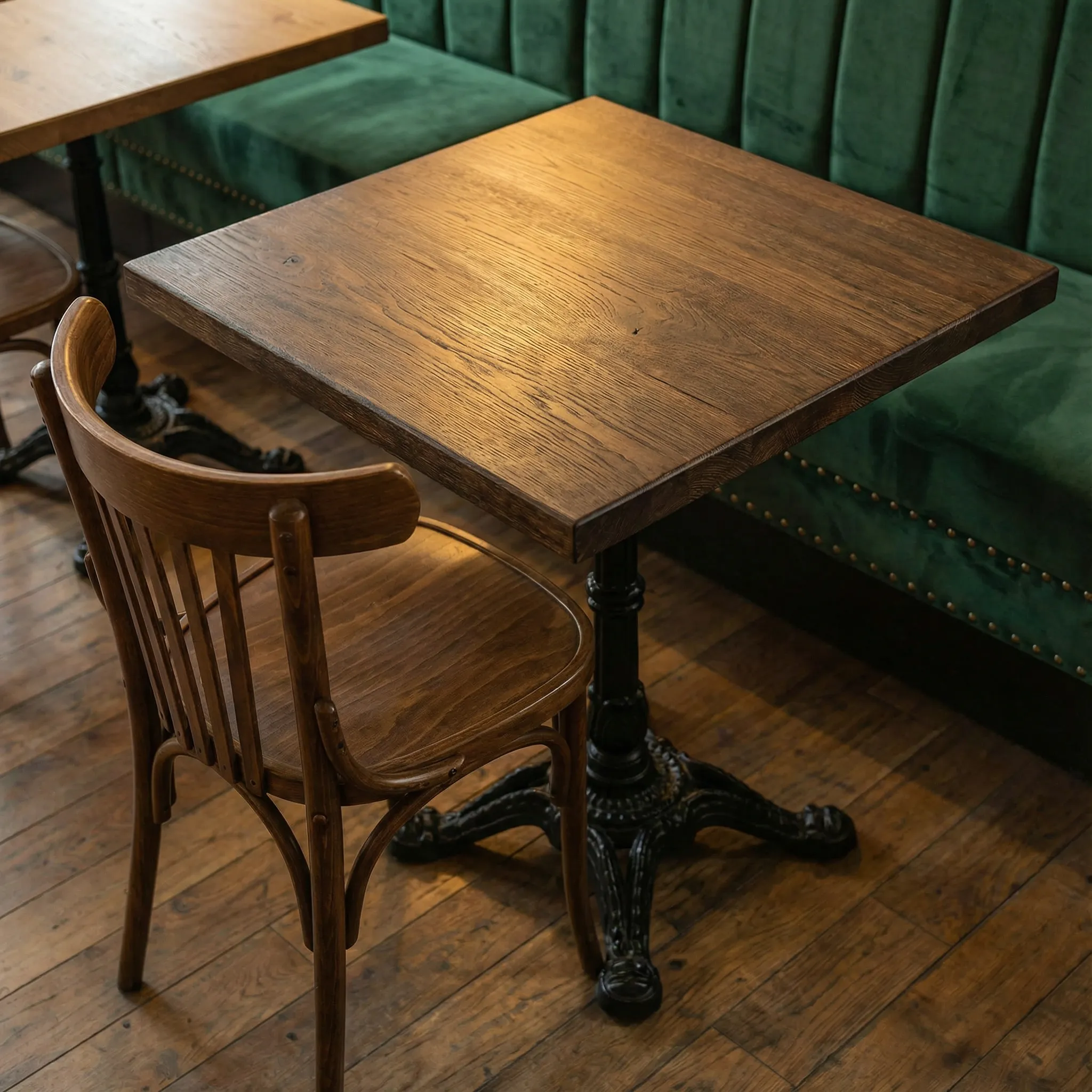 Hrastov sto sa liveno-gvozdenom nogom pored zelene baršunaste klupe sa nitnama