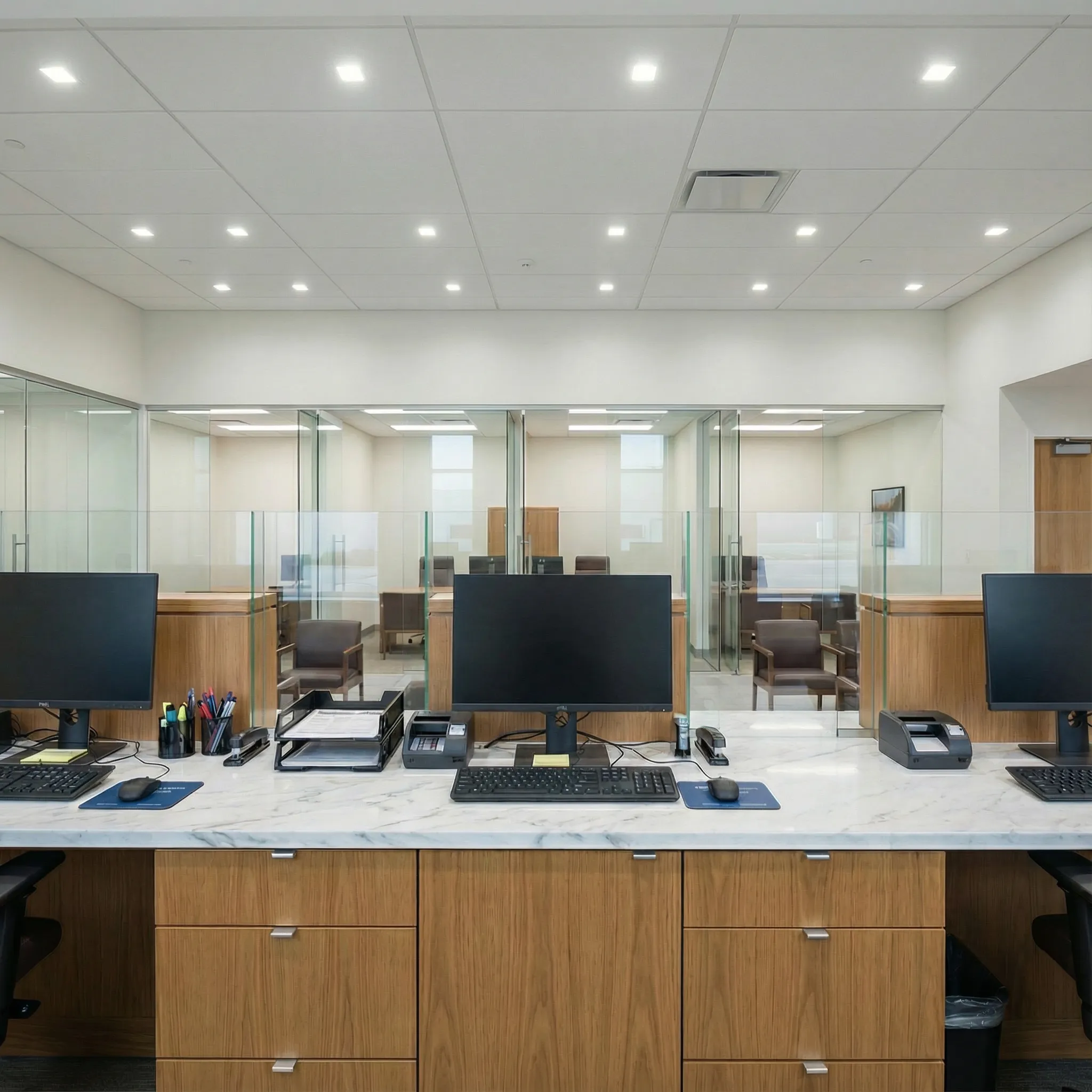 Šalter pultovi sa mermernom radnom površinom, monitorima i staklenim pregradama