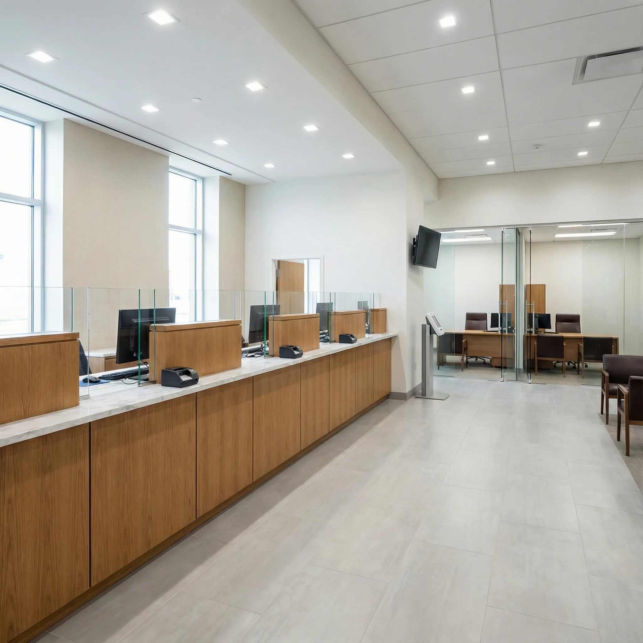 Šalter sala sa hrastovim pultovima, mermernim radnim površinama i staklenim pregradama