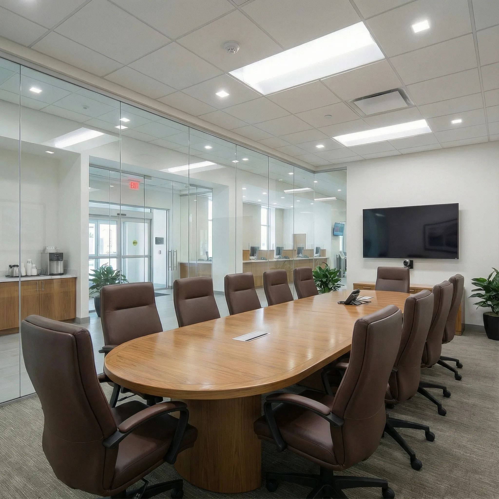 Konferencijska sala banke sa ovalnim stolom od hrasta i kožnim foteljama