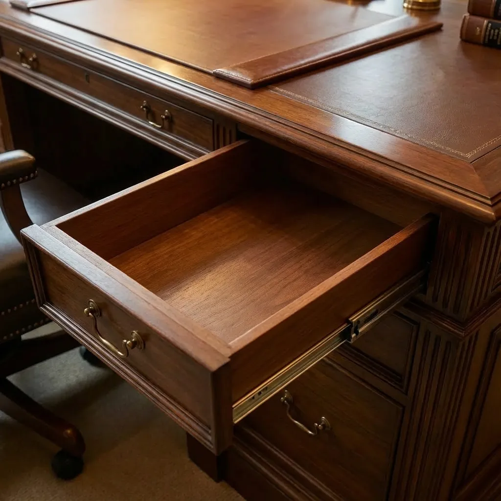 Otvorena fioka direktorskog stola od orahovine sa mesinganim ručicama