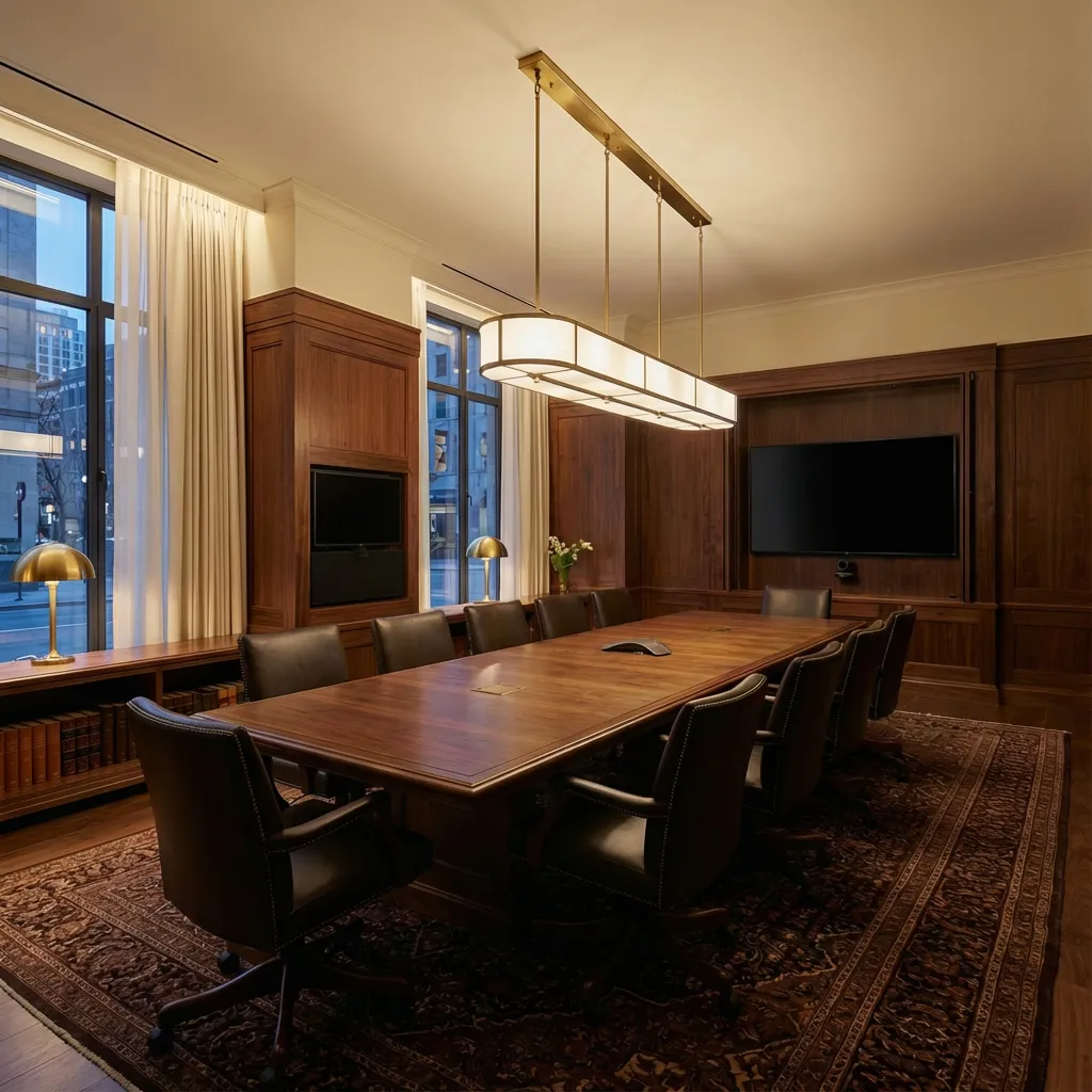 Elegantna konferencijska sala sa stolom od orahovine, kožnim foteljama i dva TV ekrana
