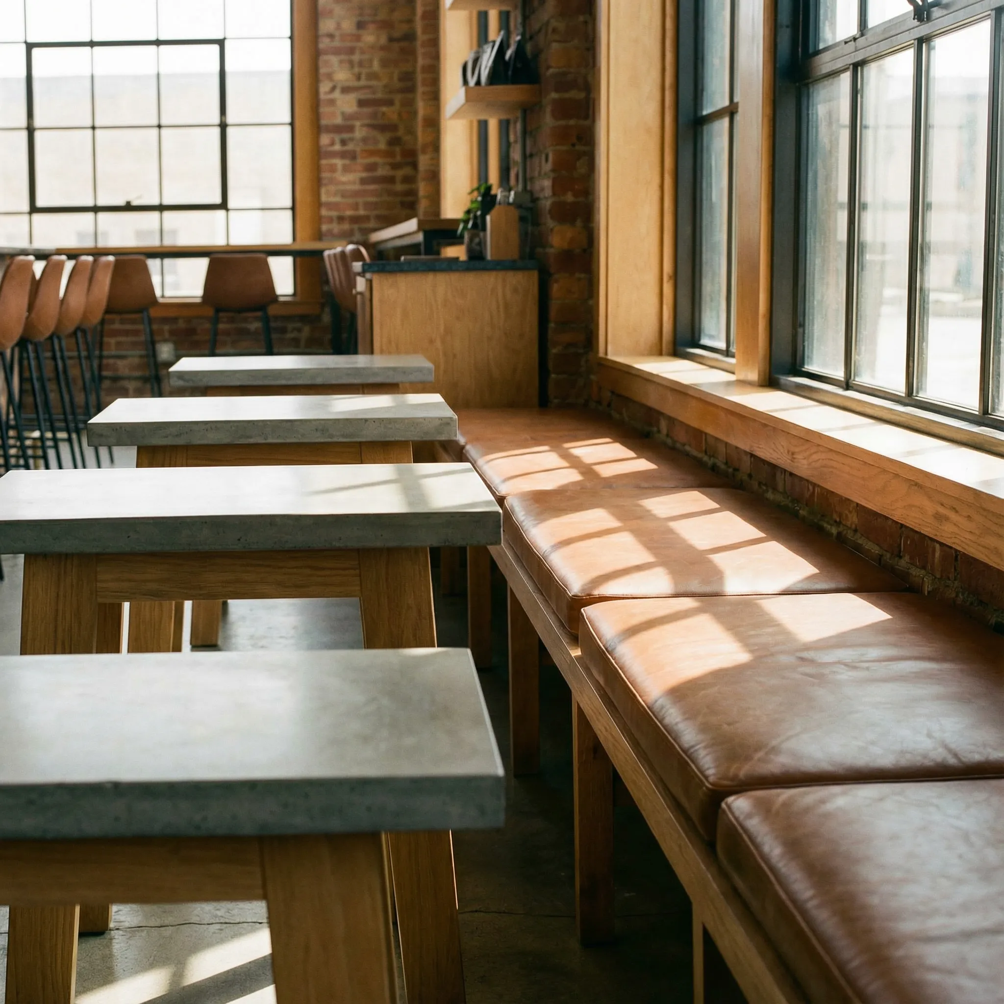Prozorska zona kafića sa betonskim stolovima, hrastovim klupama i kožnim jastucima