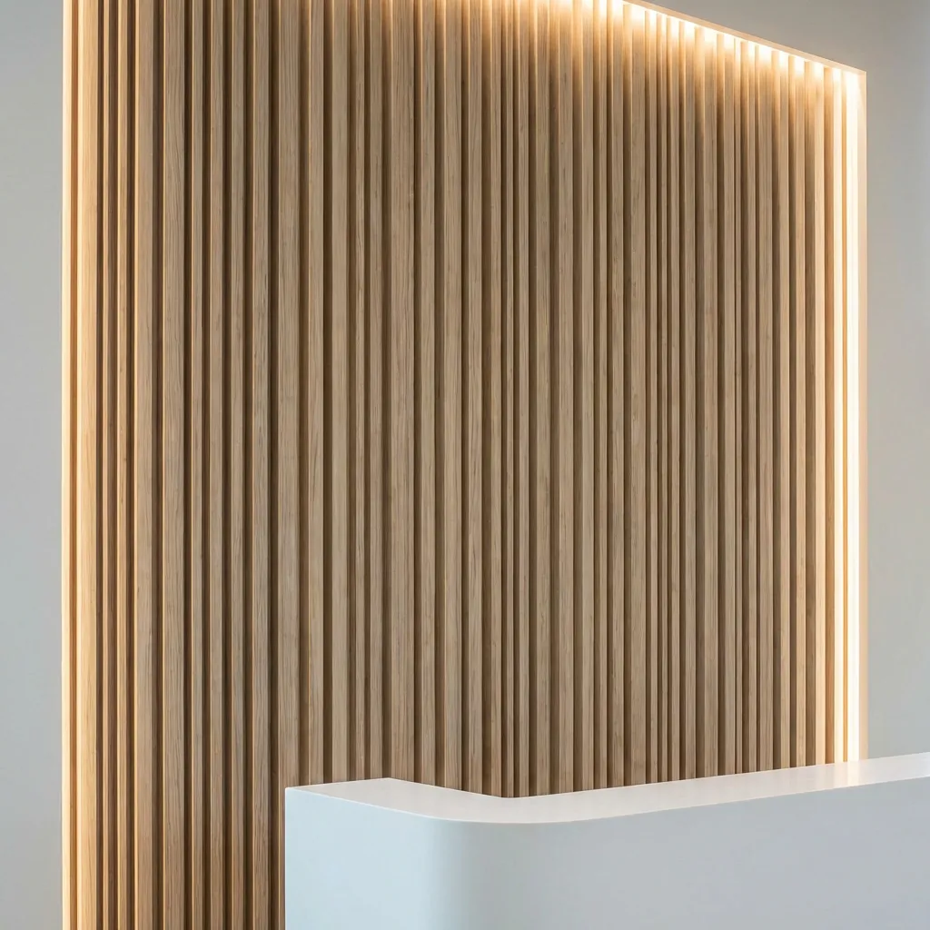 Detalj zida sa drvenim vertikalnim letvicama i integrisanim LED osvetljenjem