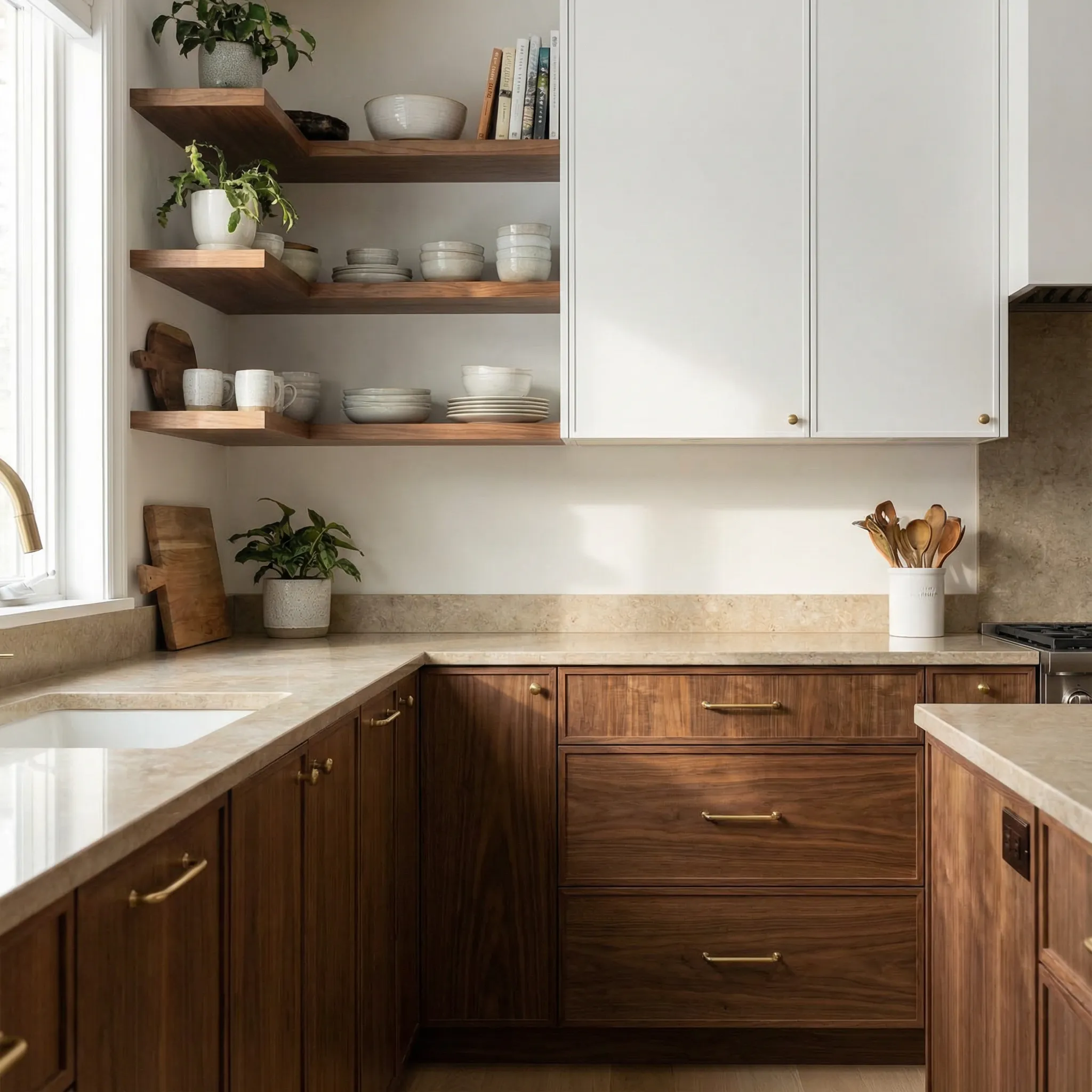 Ugaoni detalj kuhinje sa orah elementima, otvorenim policama i belim gornjim ormarima