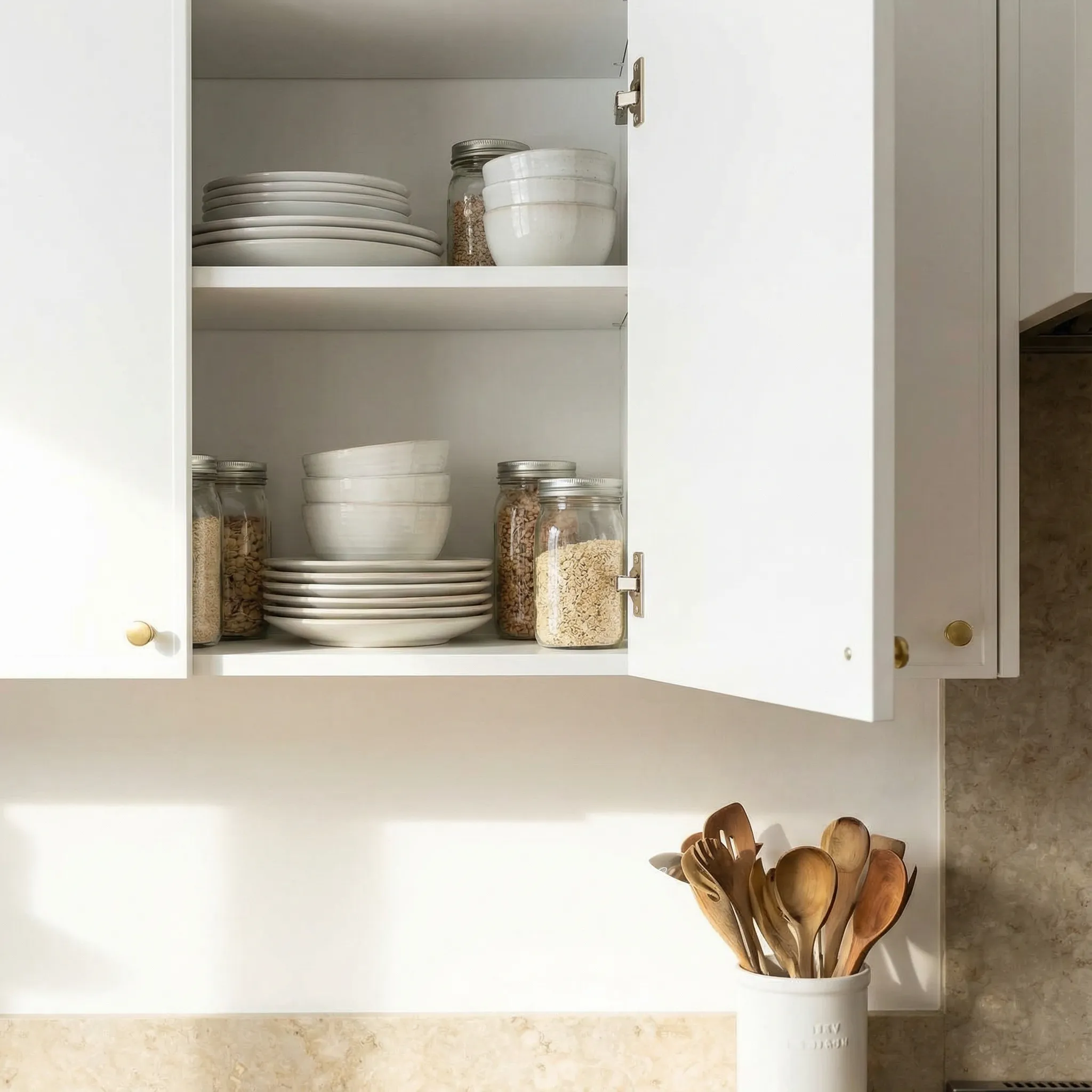 Otvoren beli gornji element sa organizovanim posuđem i staklenim teglama